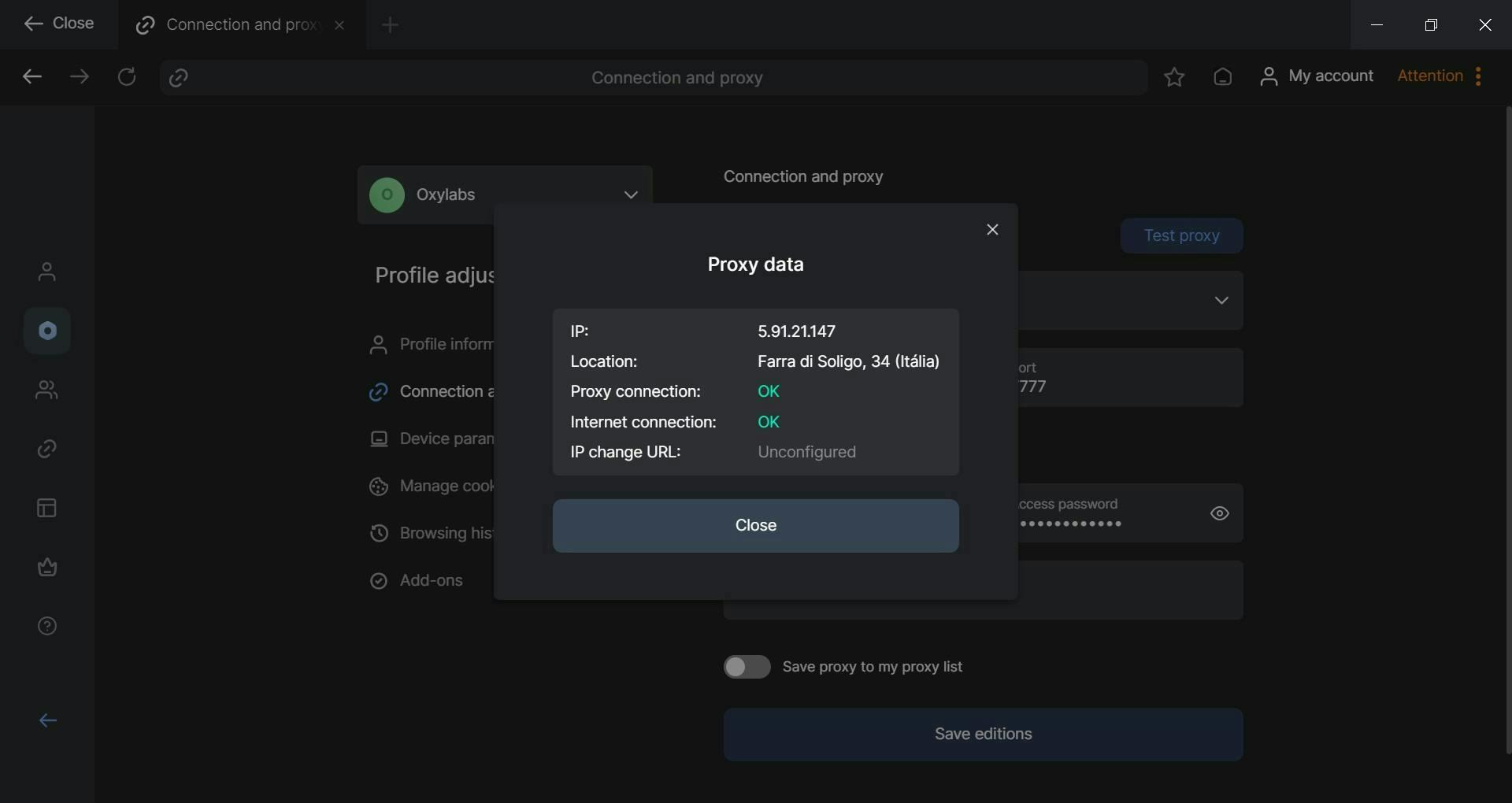 Proxy connection details