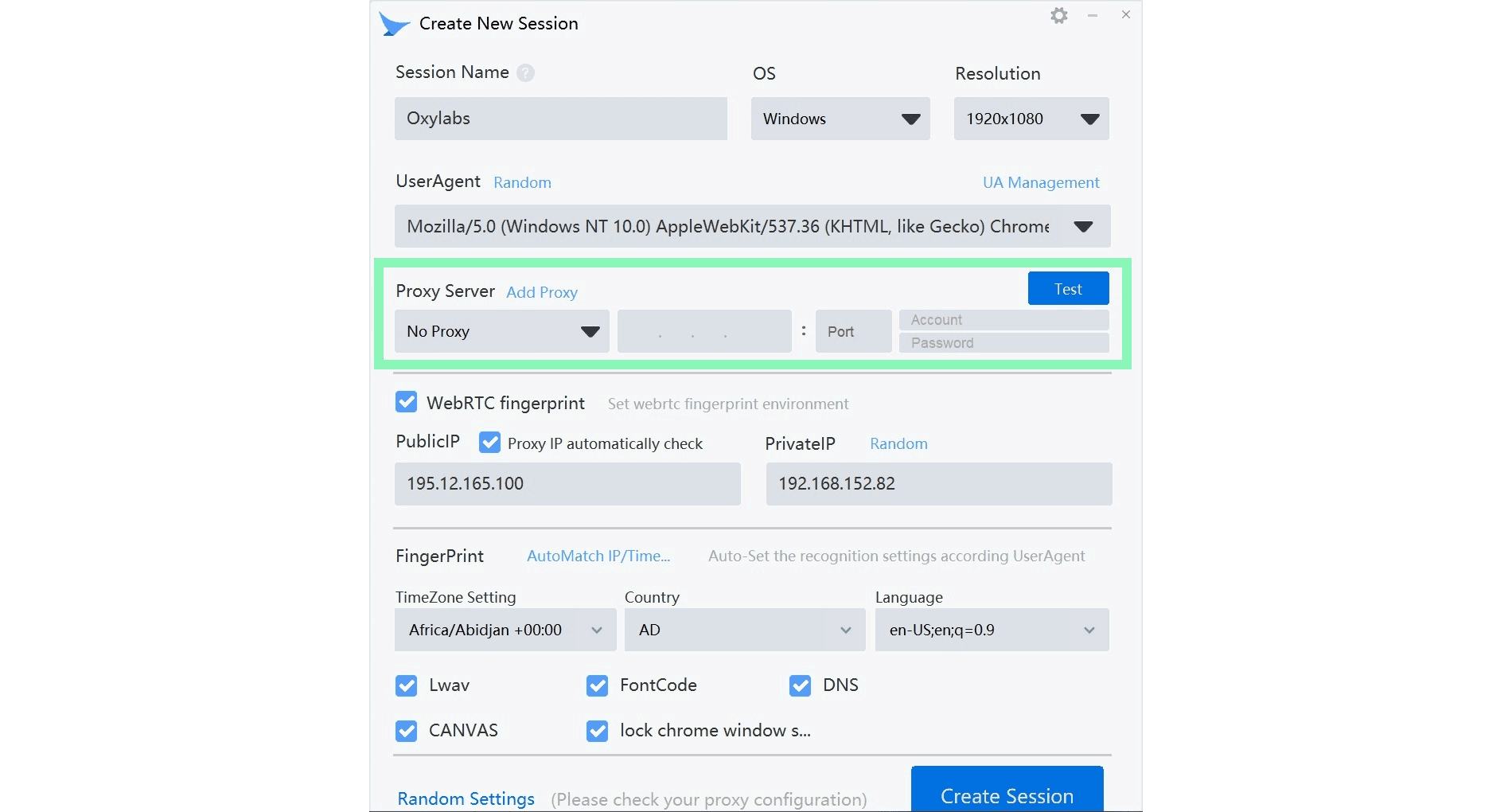 Configuring a new session