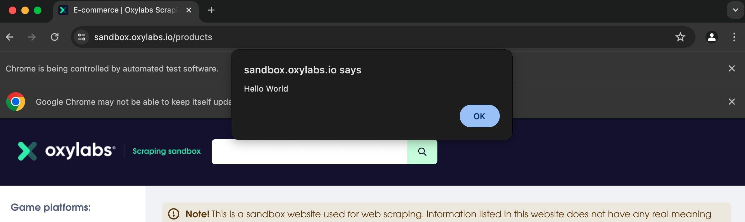 Viewing the JavaScript alert box produced by Selenium