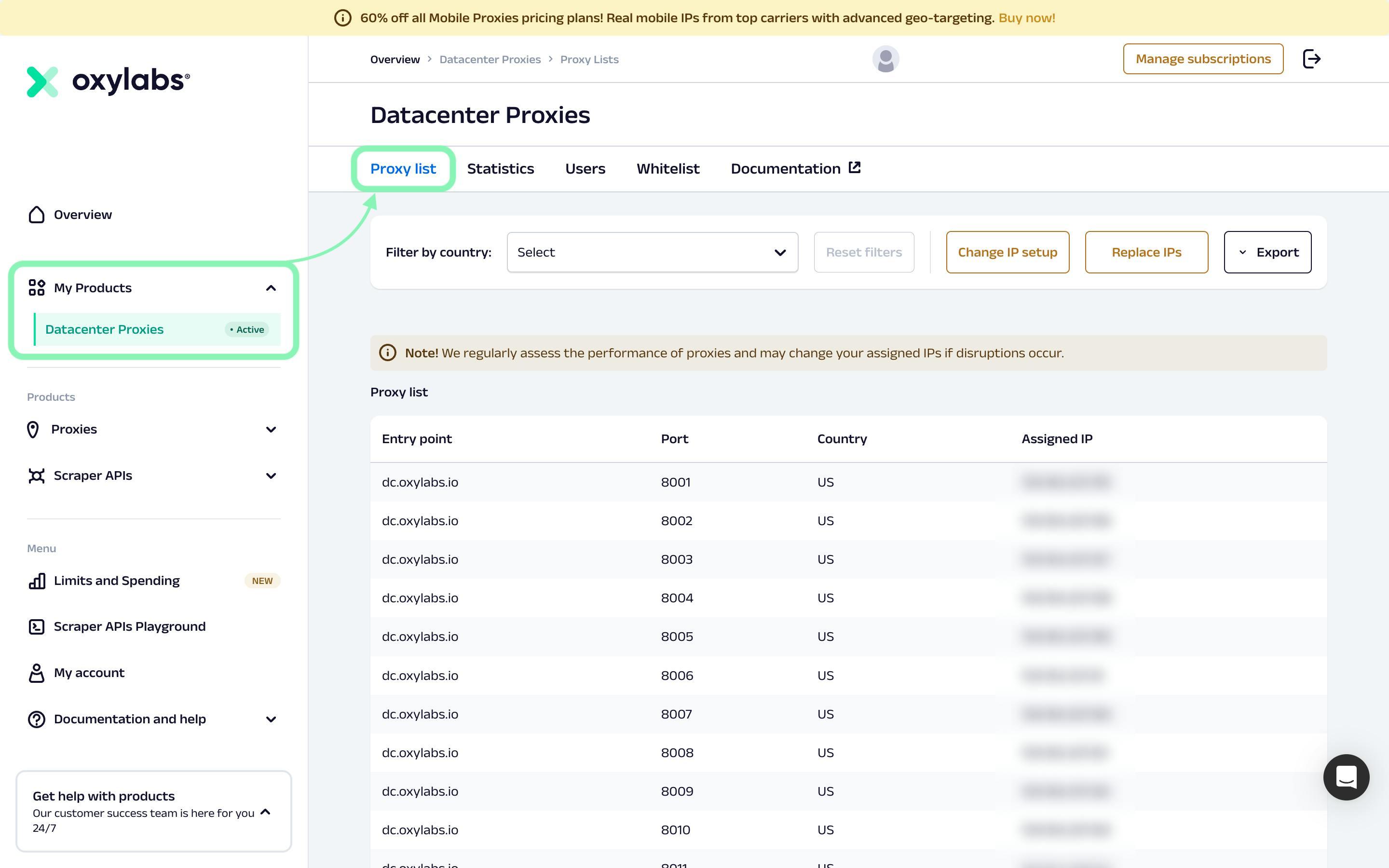 Finding and viewing the proxy list in the dashboard