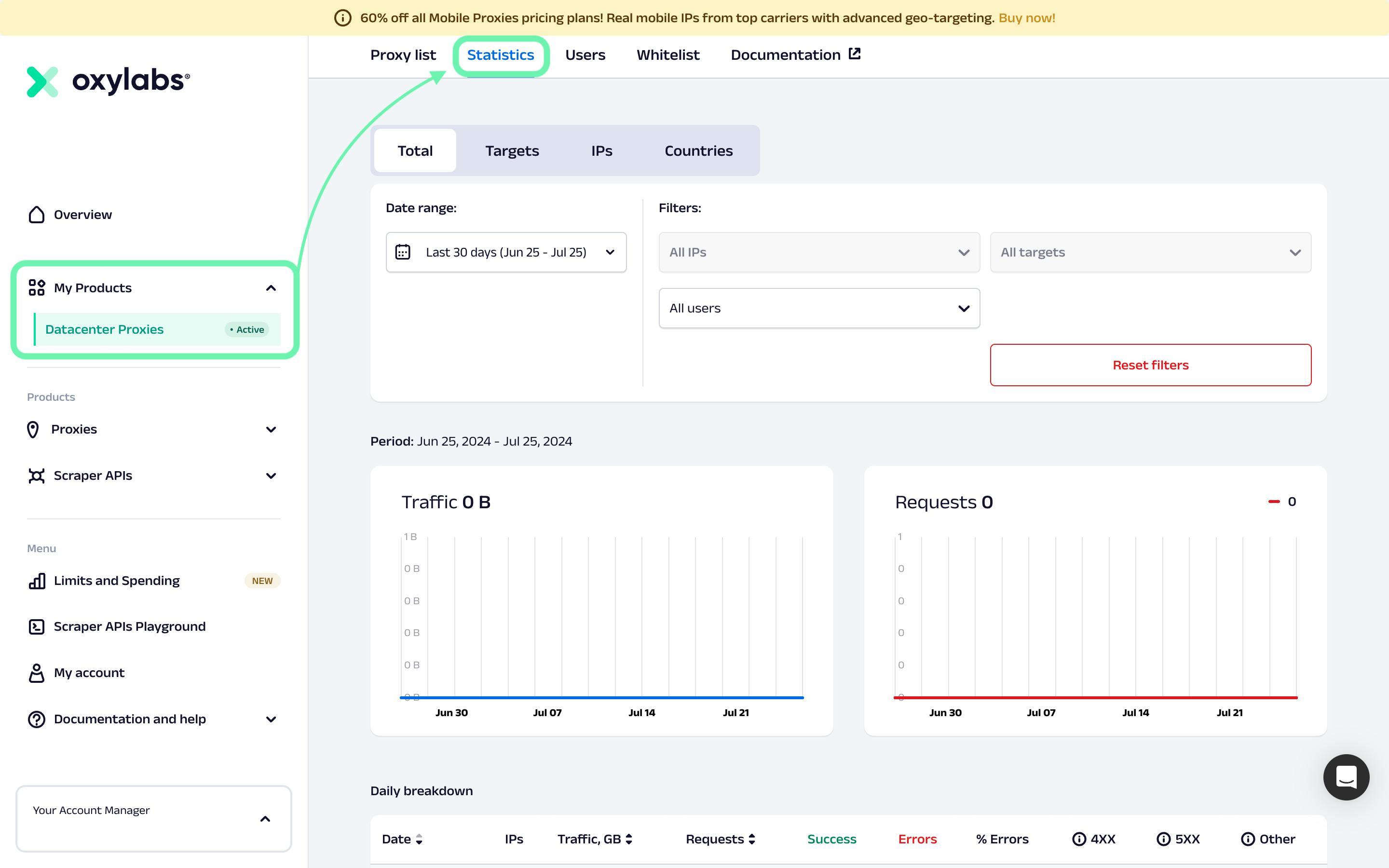 Finding and viewing proxy usage statistics in the dashboard