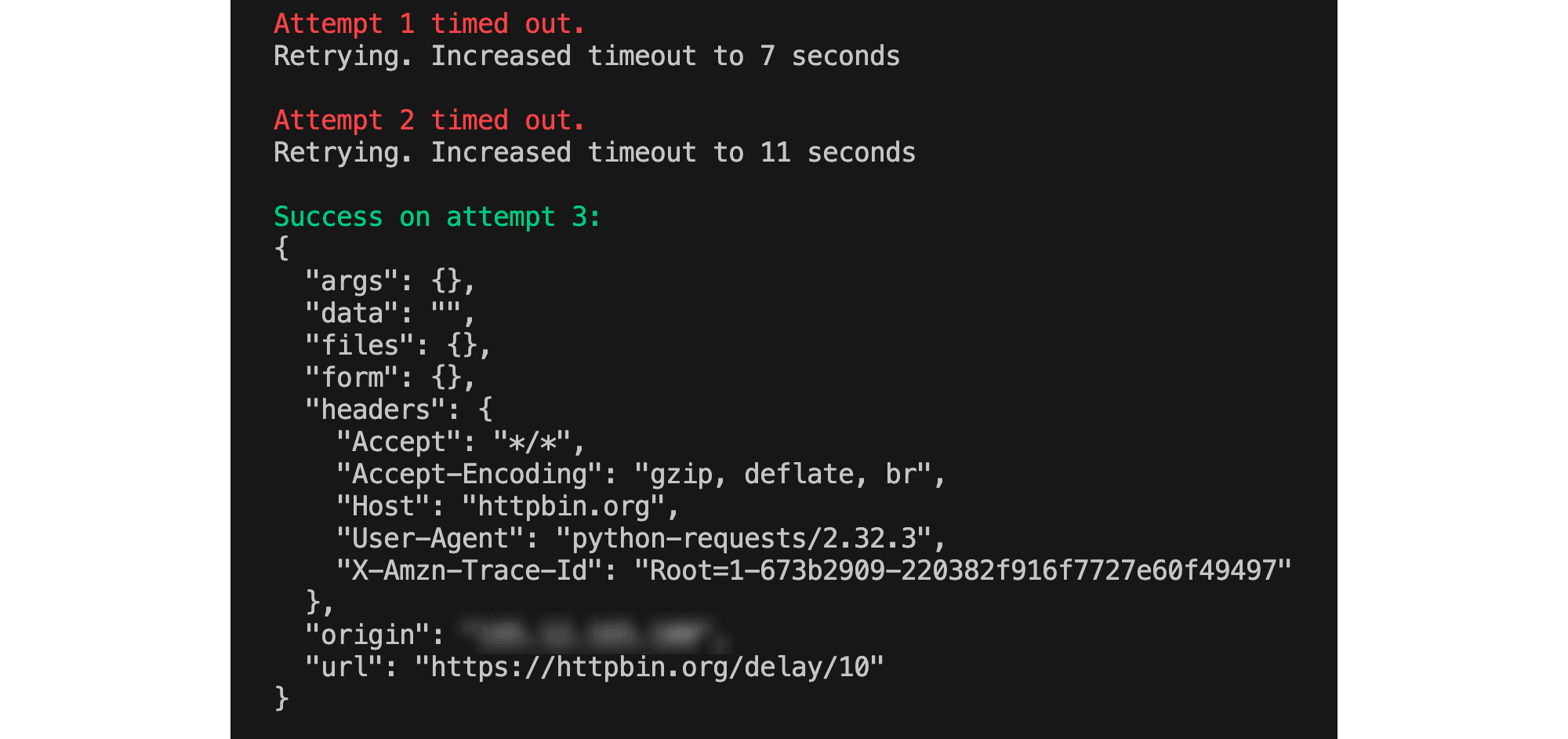 Output of the code with a retry mechanism