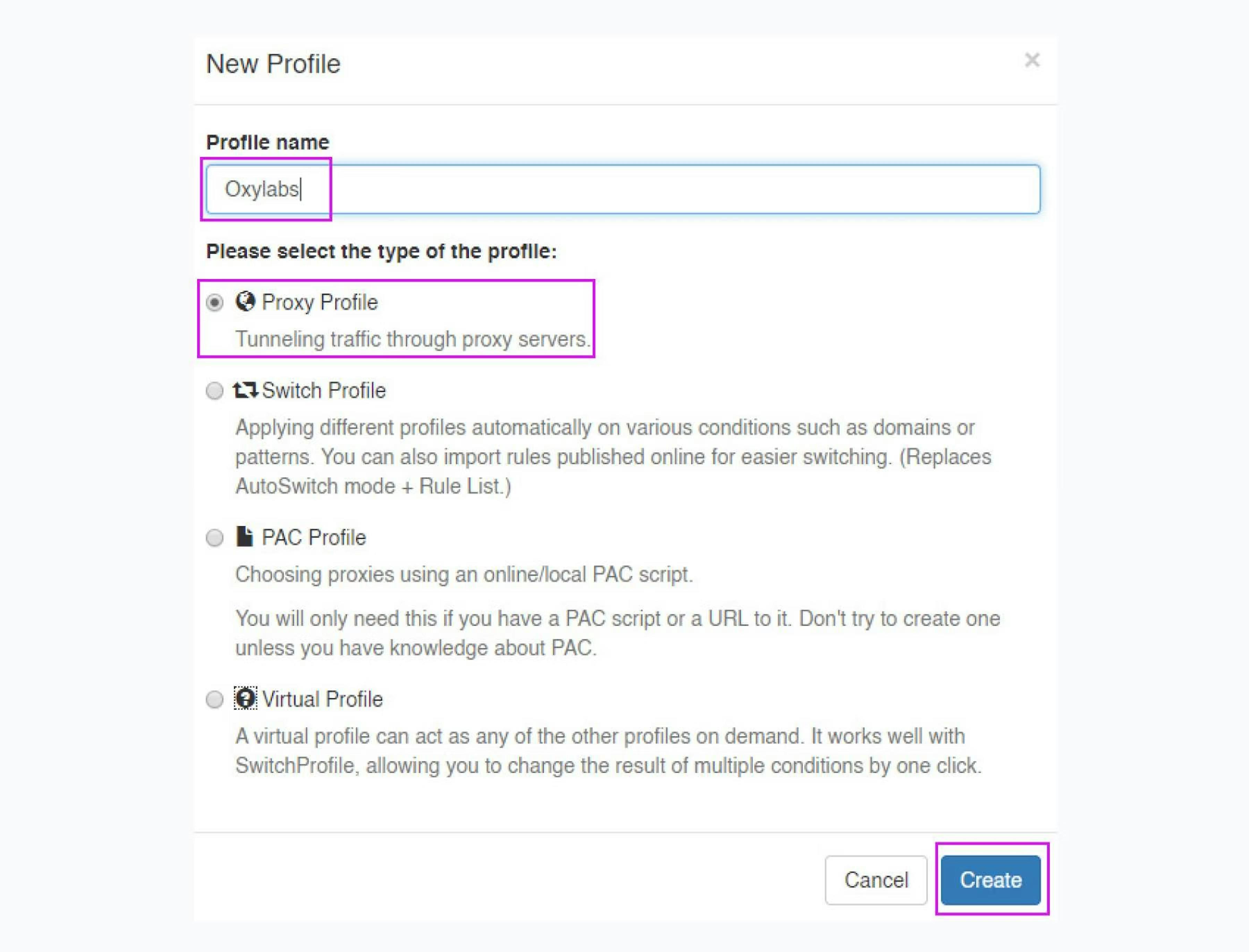 Creating a proxy profile