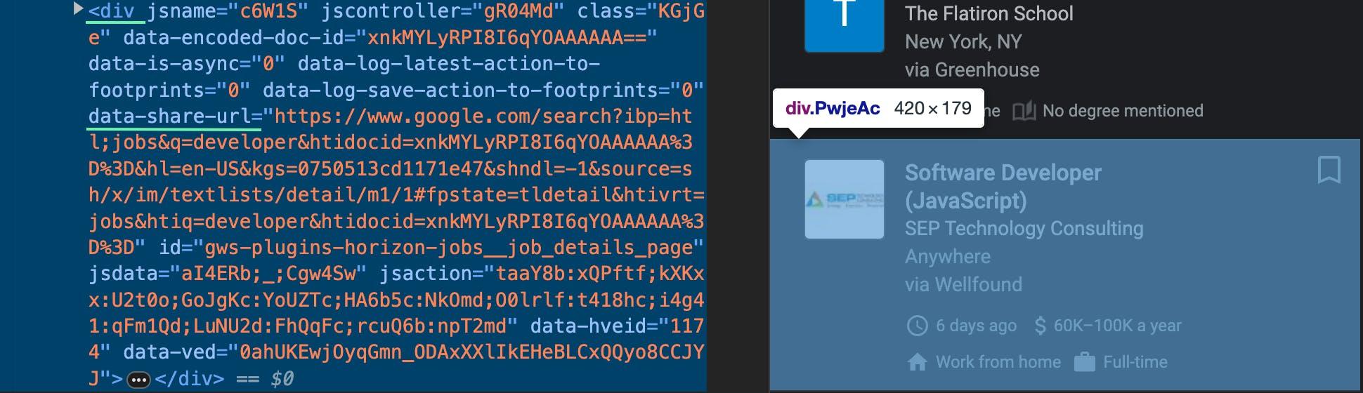 Finding the job URL selector in the HTML