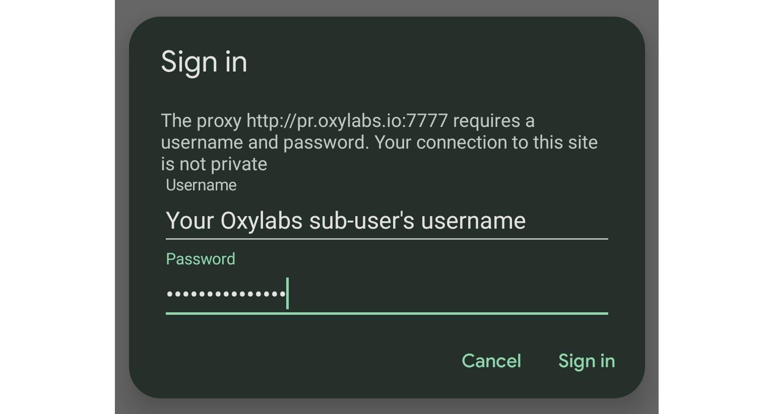 Entering the Oxylabs sub-user’s credentials