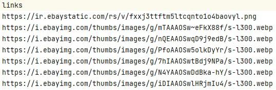 An example of scraped image URLs in a CSV format