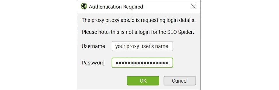 Screaming Frog proxy authentication
