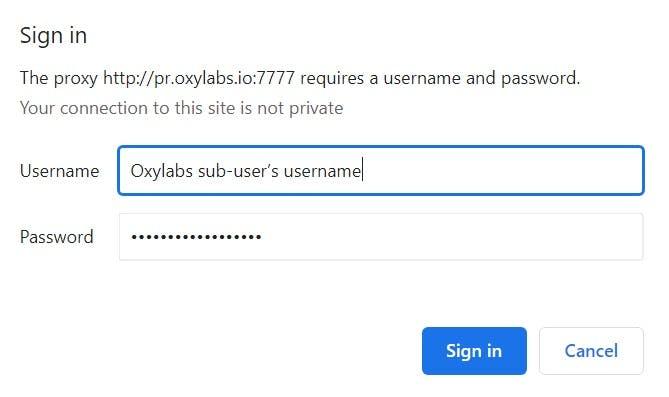 Entering Oxylabs sub-user’s credentials