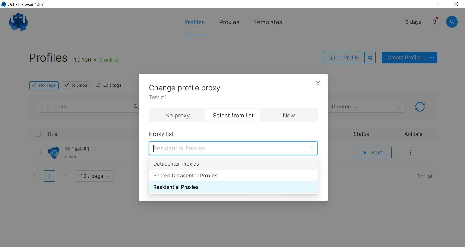 Pairing a profile with a proxy