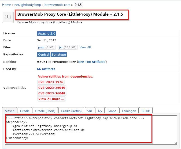 Getting the BrowserMob Proxy dependency on mvnrepository.com