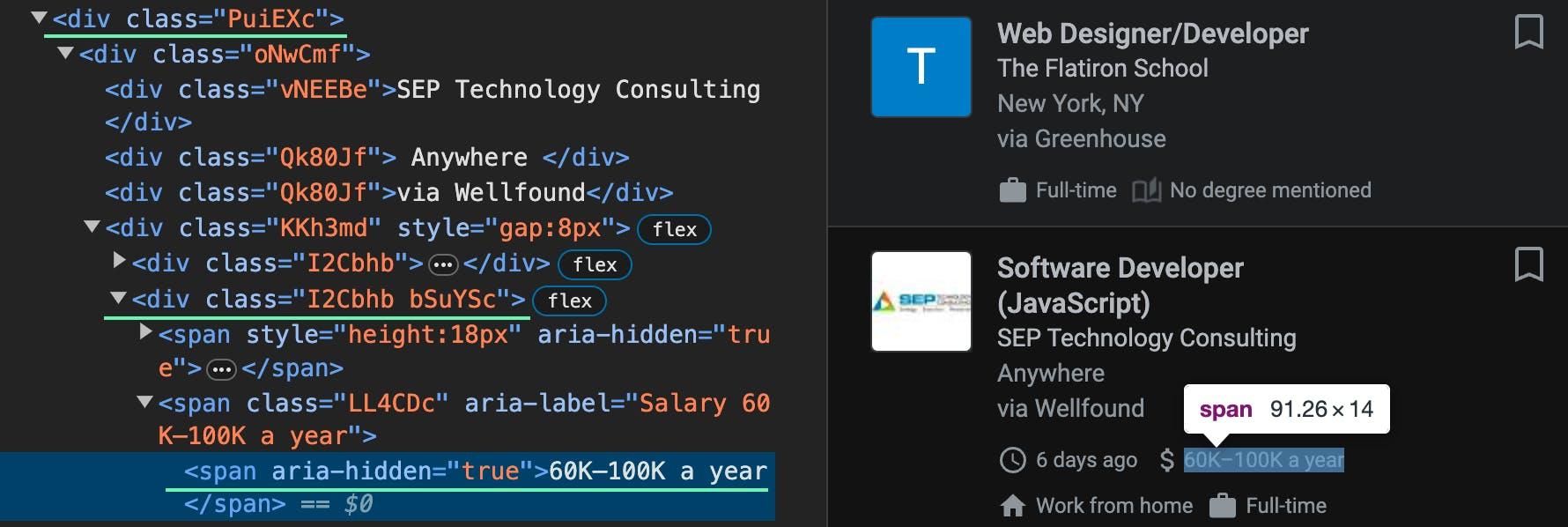Finding the job salary selector in the HTML