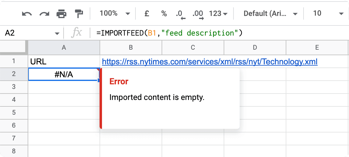 An error message showing that the information is not found in the feed