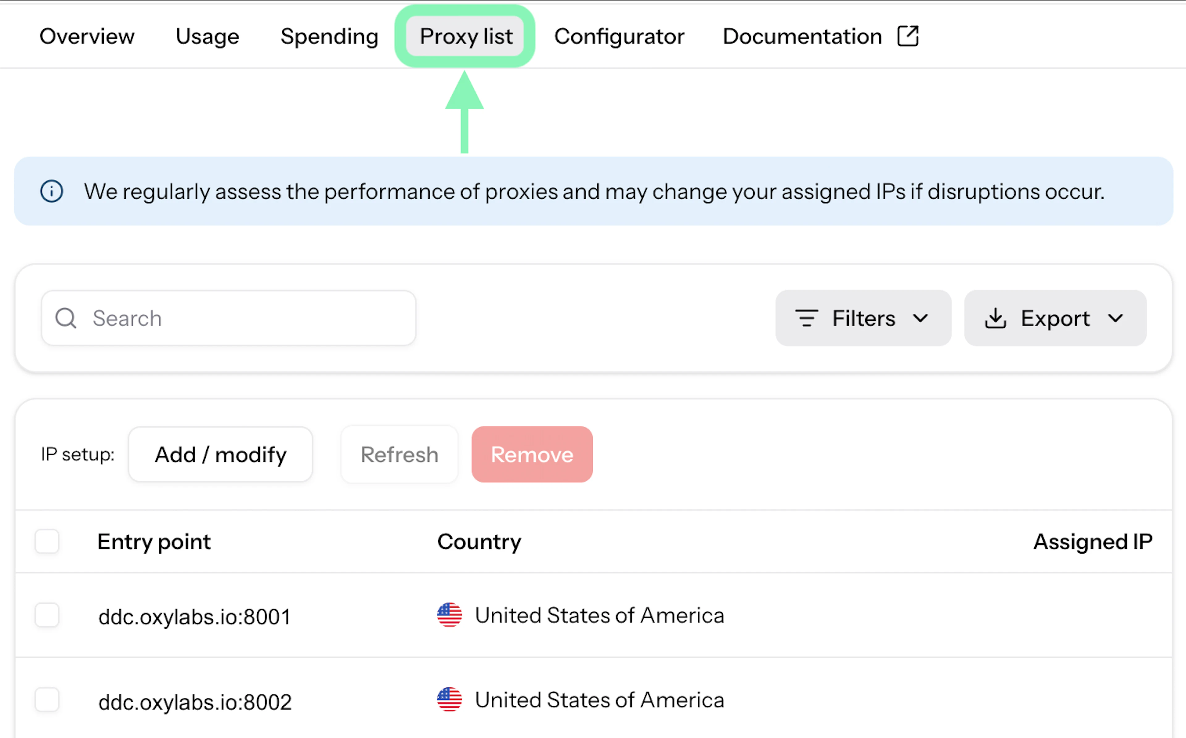 Dedicated Datacenter Proxies list in Oxylabs Dashboard product instance