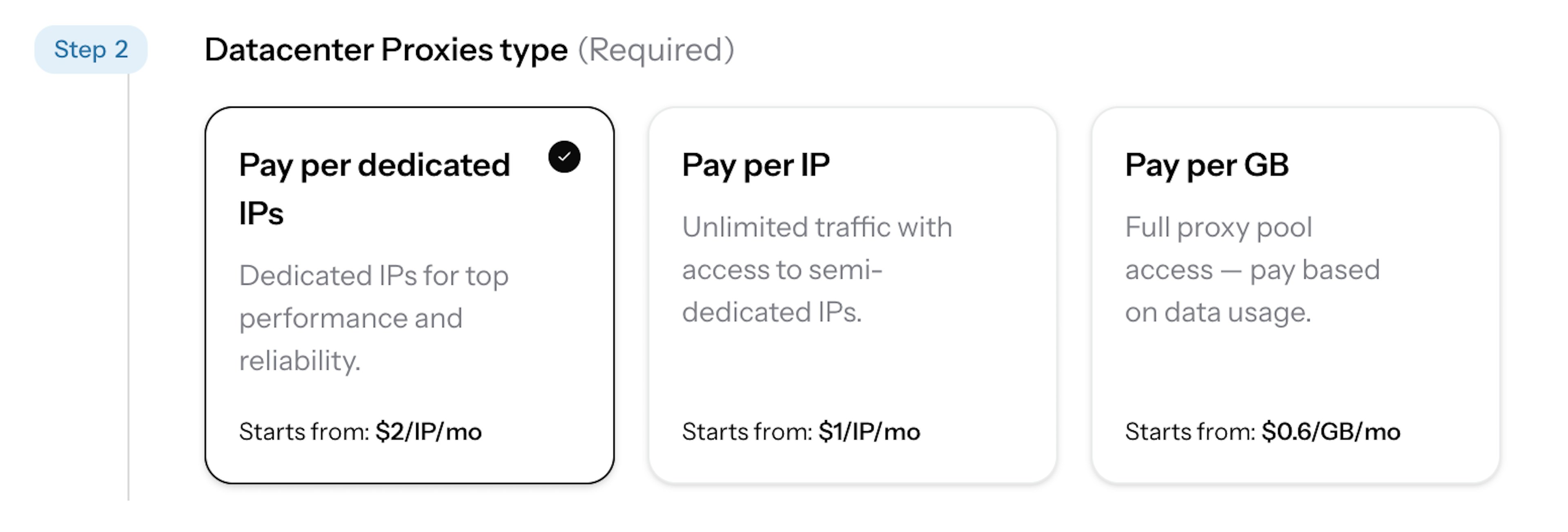 Dedicated Datacenter Proxies slection in Oxylabs Dashboard product instance creation