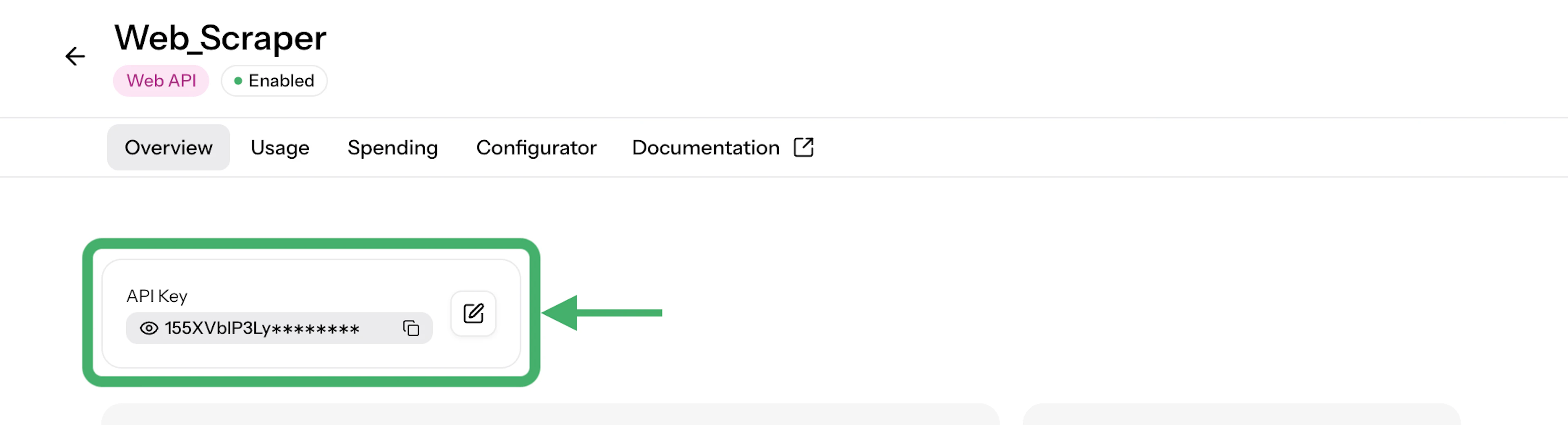 API key in the Oxylabs Dashboard Web API product instance