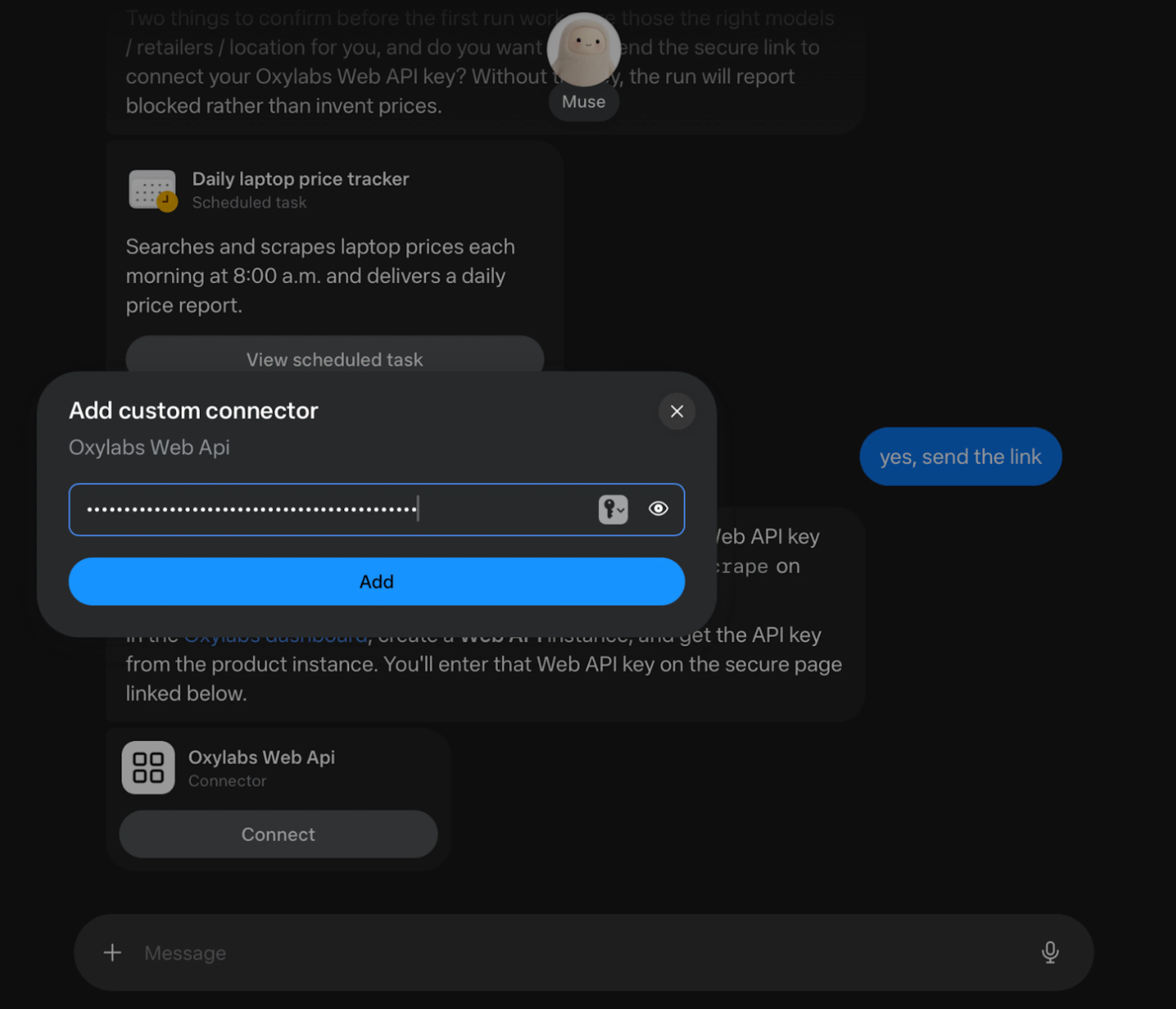 Adding Oxylabs Web API key to Meta Muse AI connector