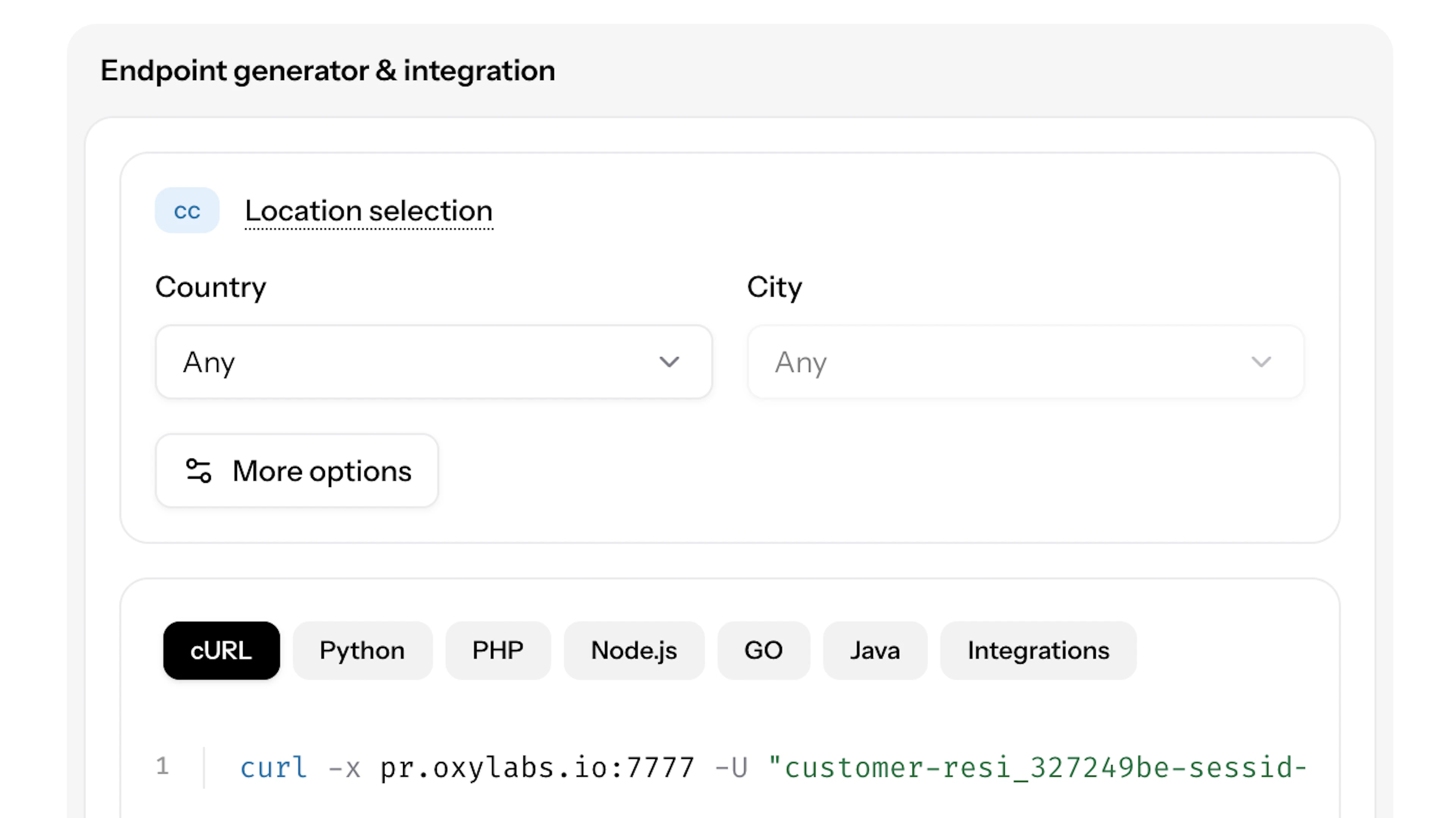 Oxylabs proxy Endpoint Generator outputs