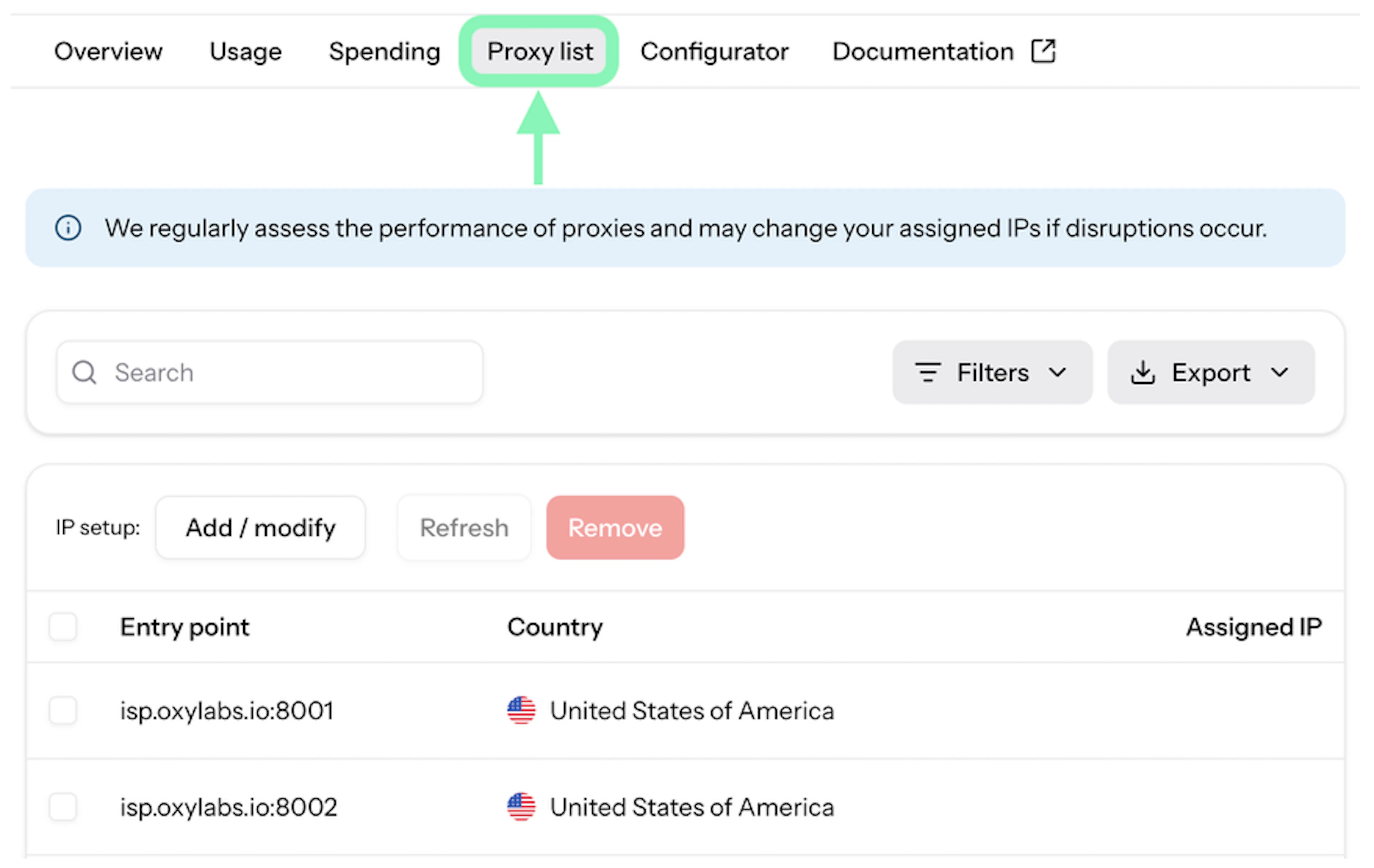 ISP Proxy list in Oxylabs dashboard