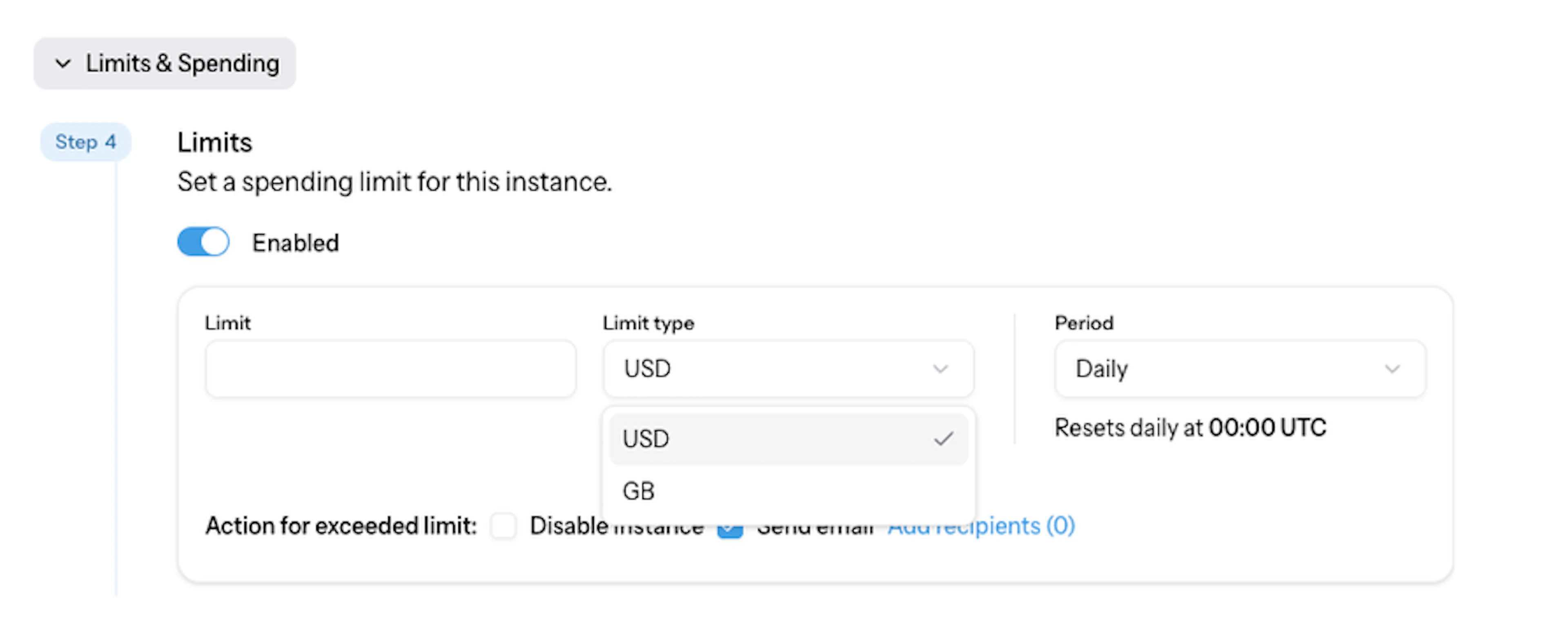 Product instance usage limit setup during instance creation