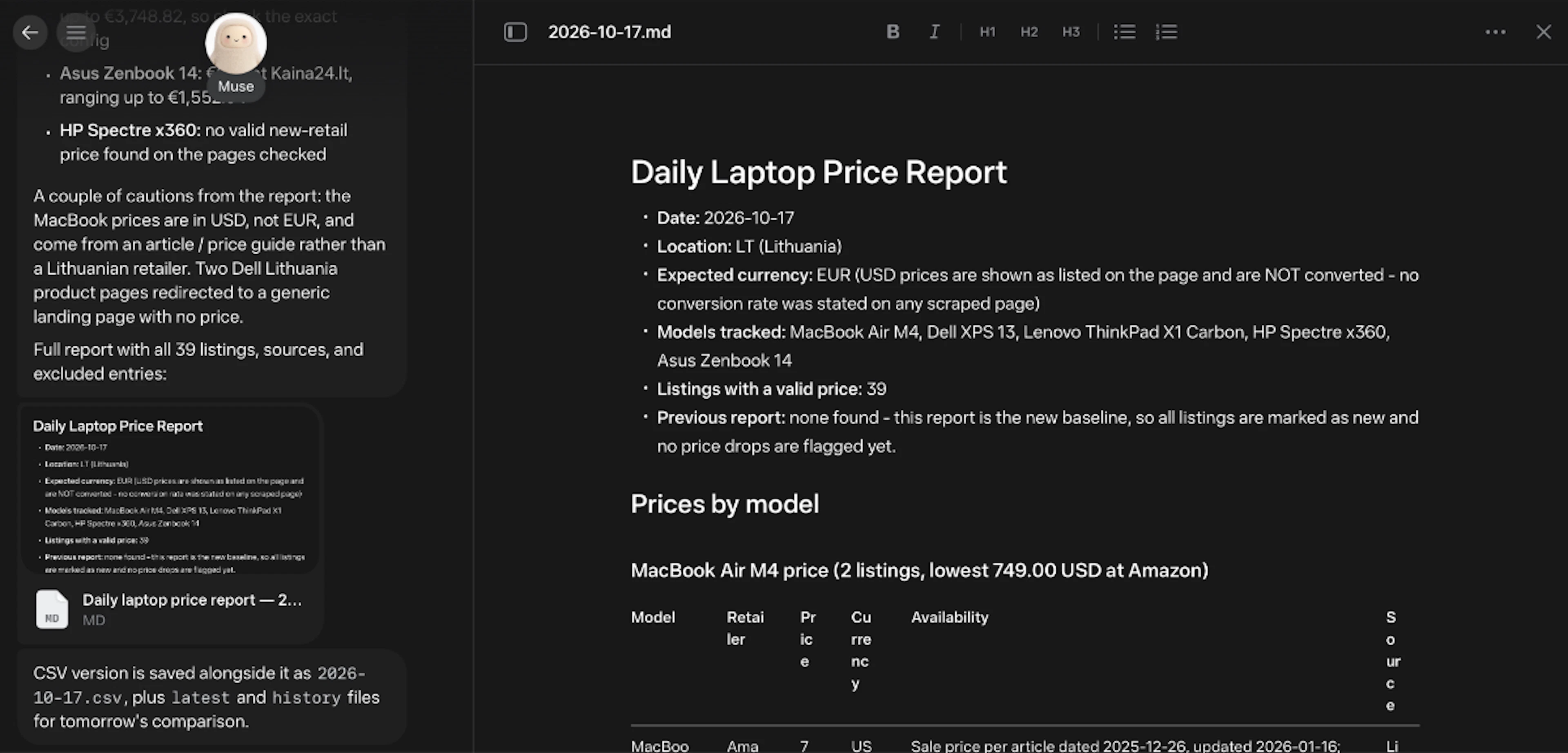 Product search report of Meta Muse AI agent using Oxylabs Web API