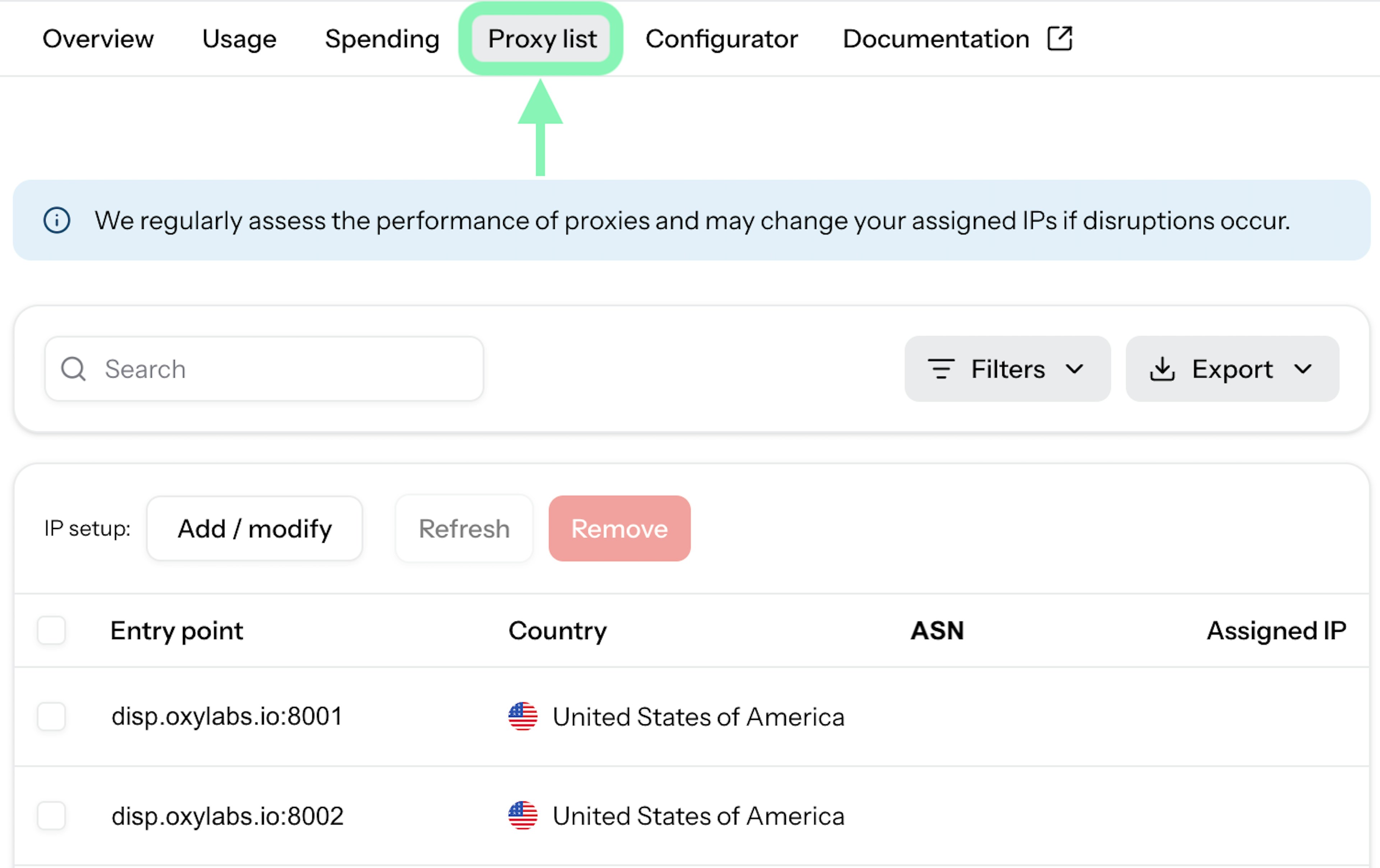Dedicated ISP Proxy list in Oxylabs Dashboard product instance