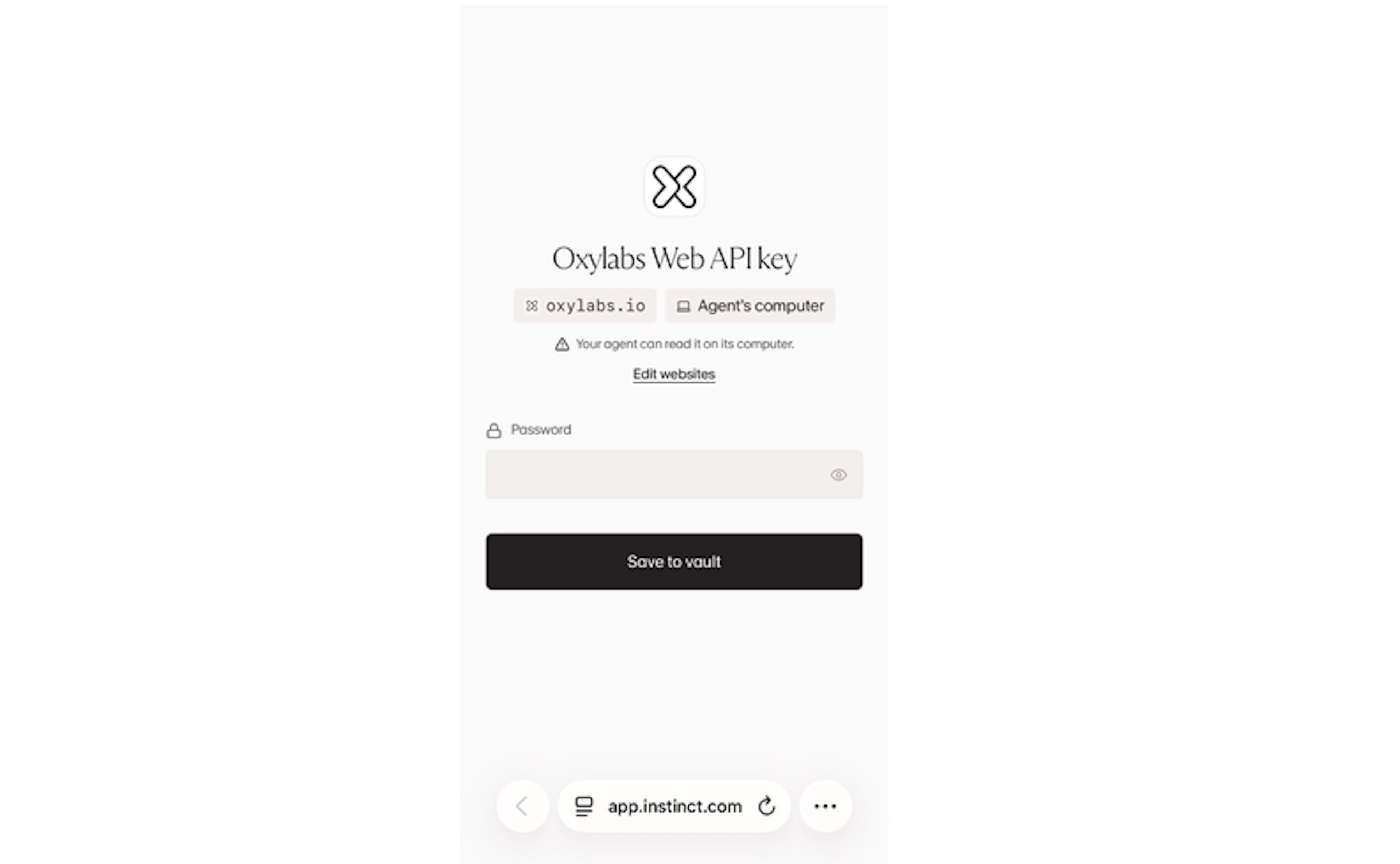 Instinct credential vault for Oxylabs Web API key