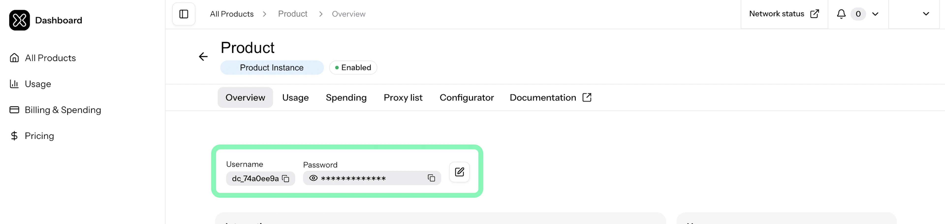 Find Oxylabs product instance credentials