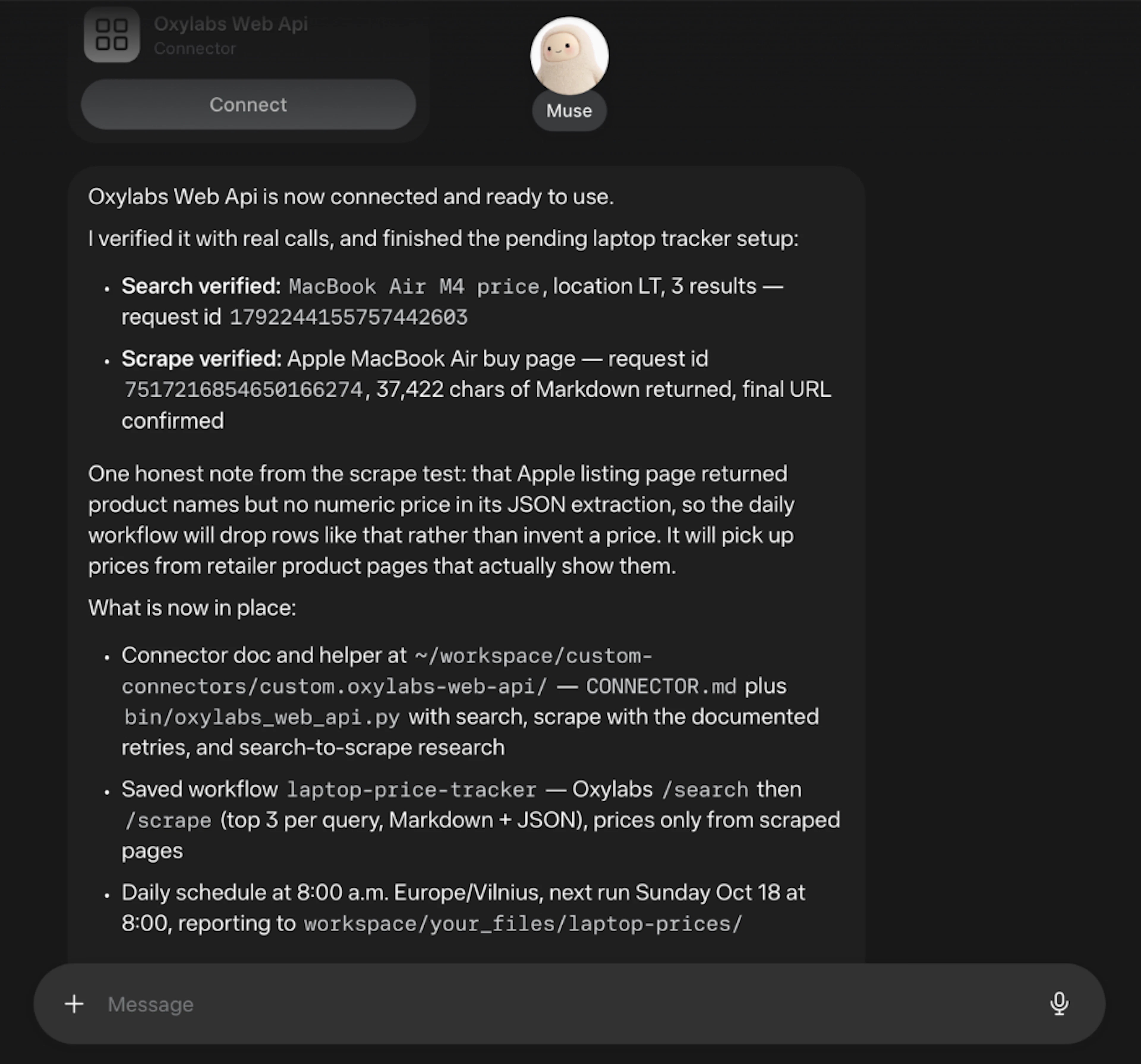Confirmed Meta Muse and Oxylabs Web API connection