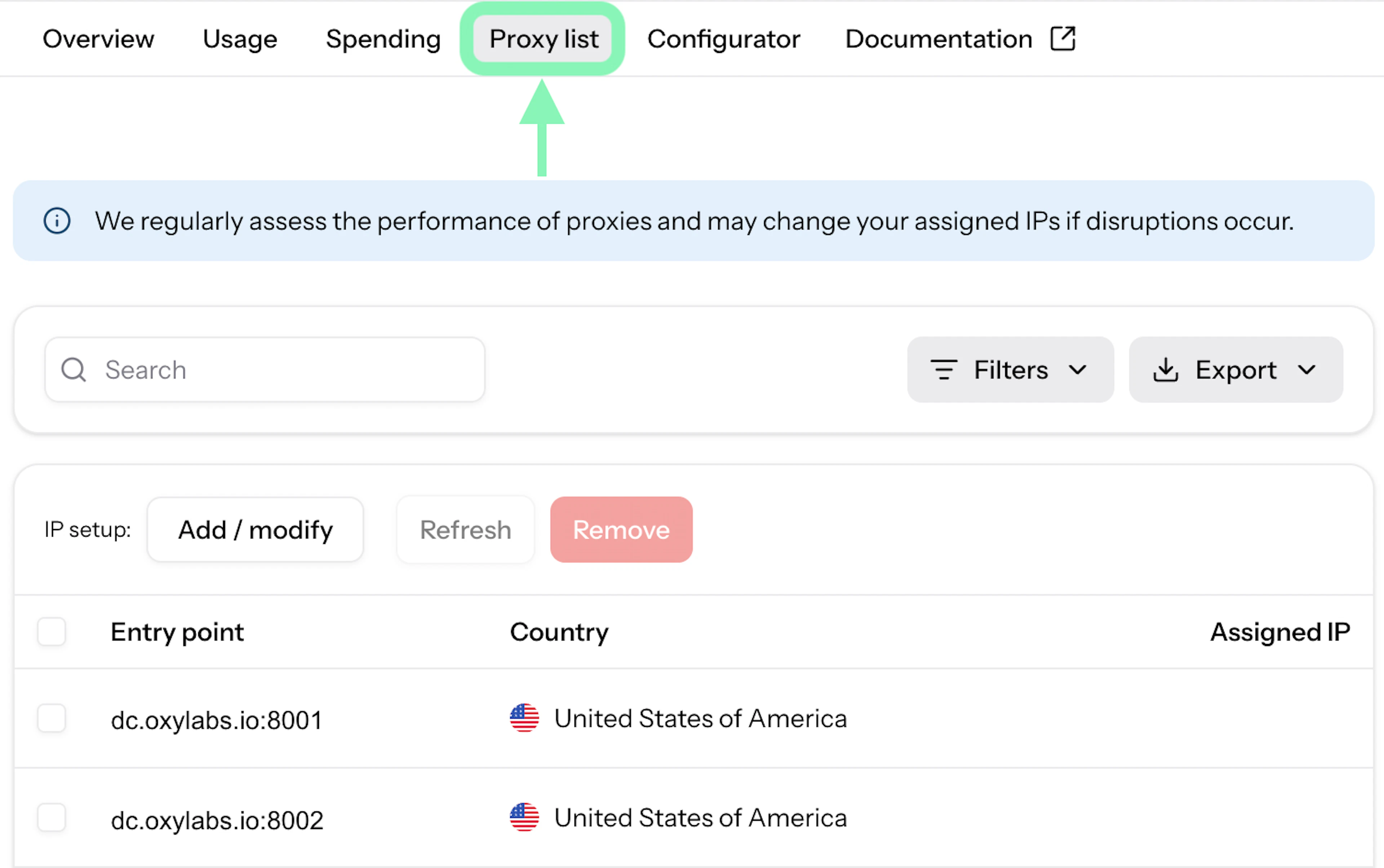 Datacenter Proxy list in Oxylabs Dashboard product instance