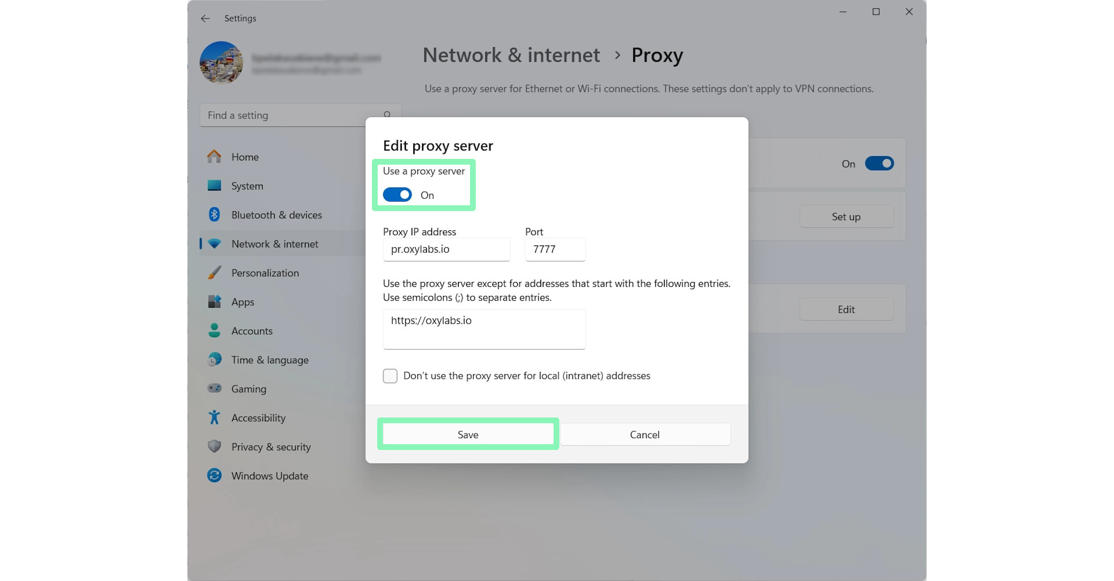 Setting up a proxy server for Windows