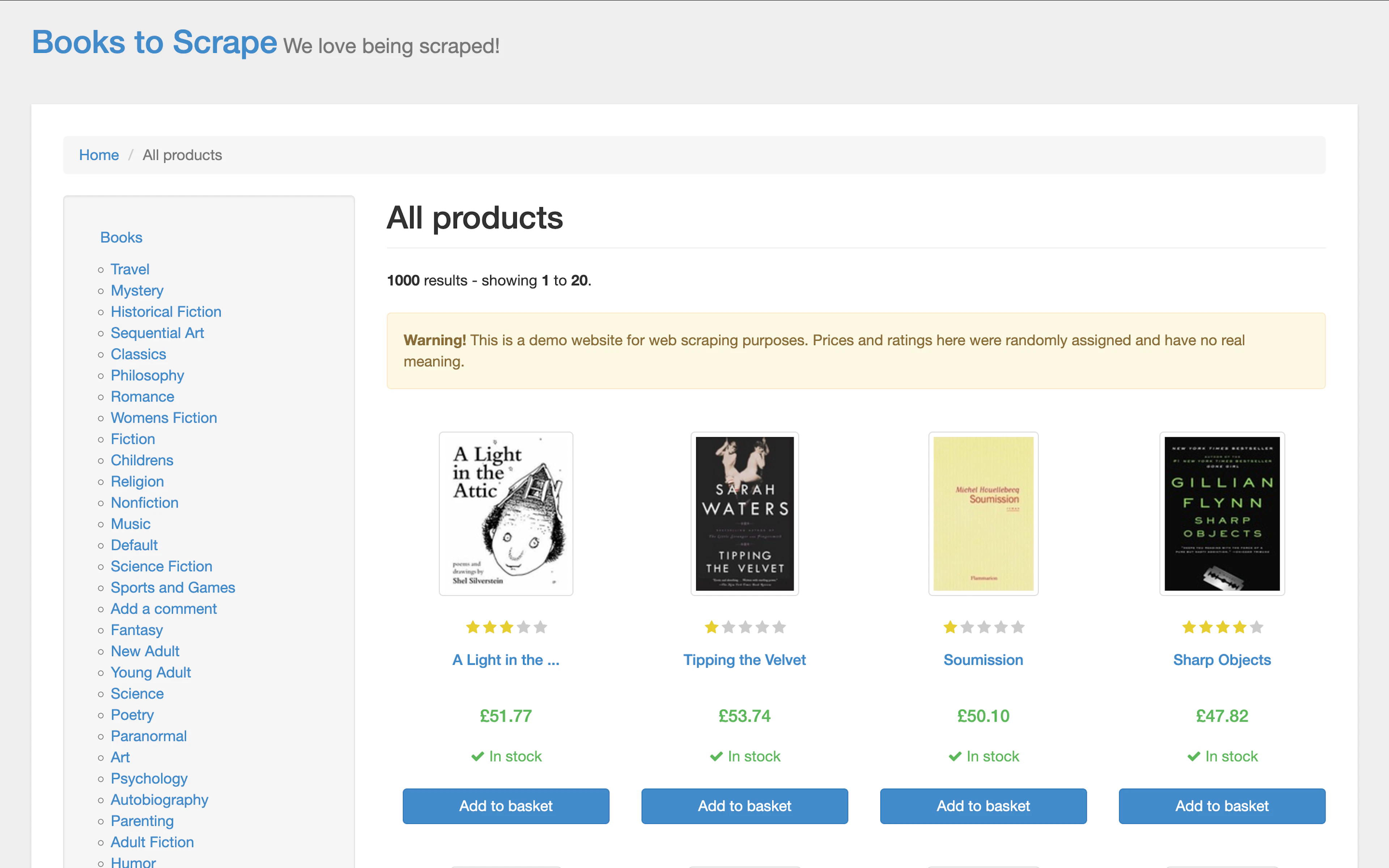 BooksToScrape website screenshot