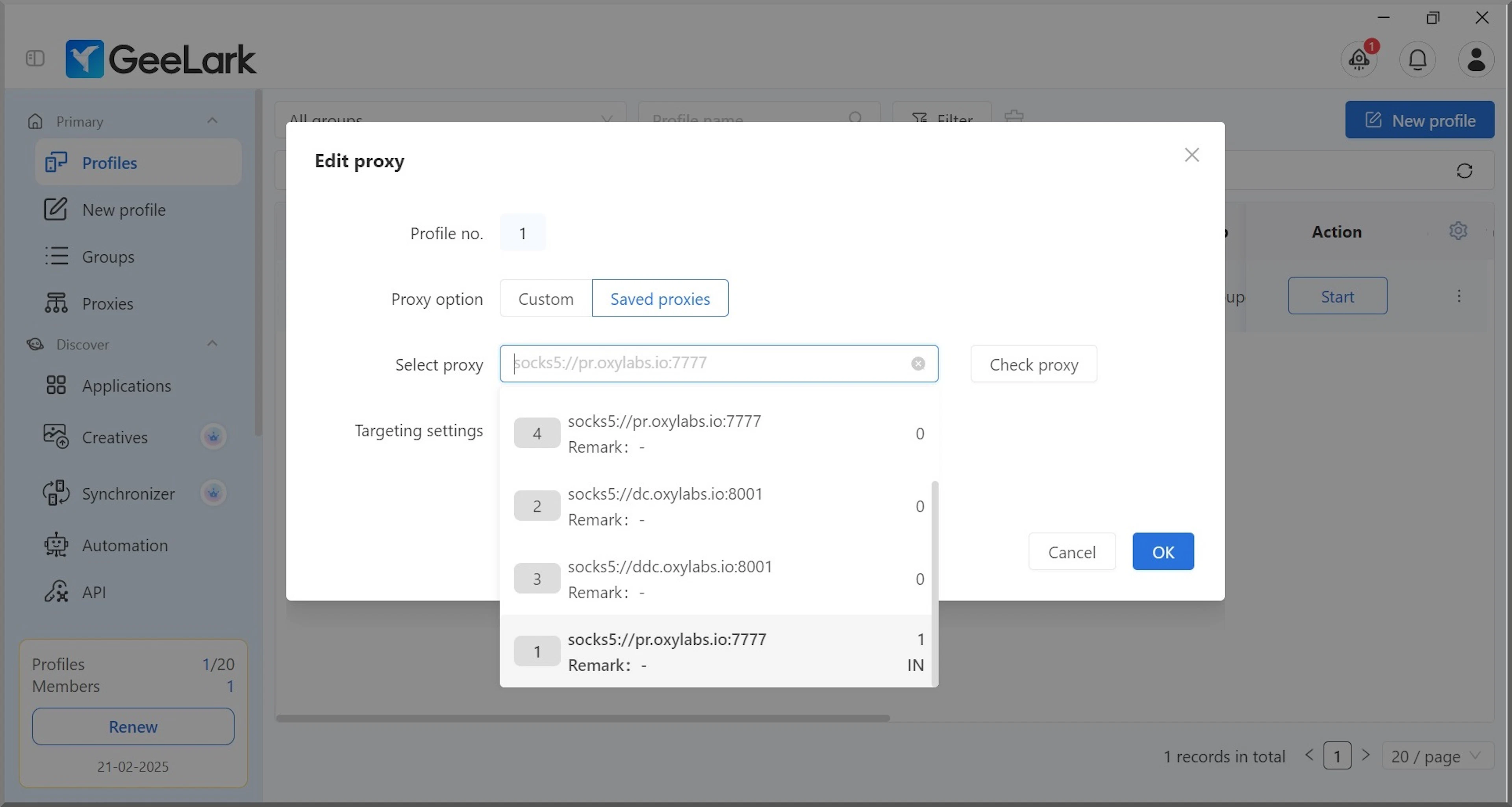 Choosing proxies from a saved list