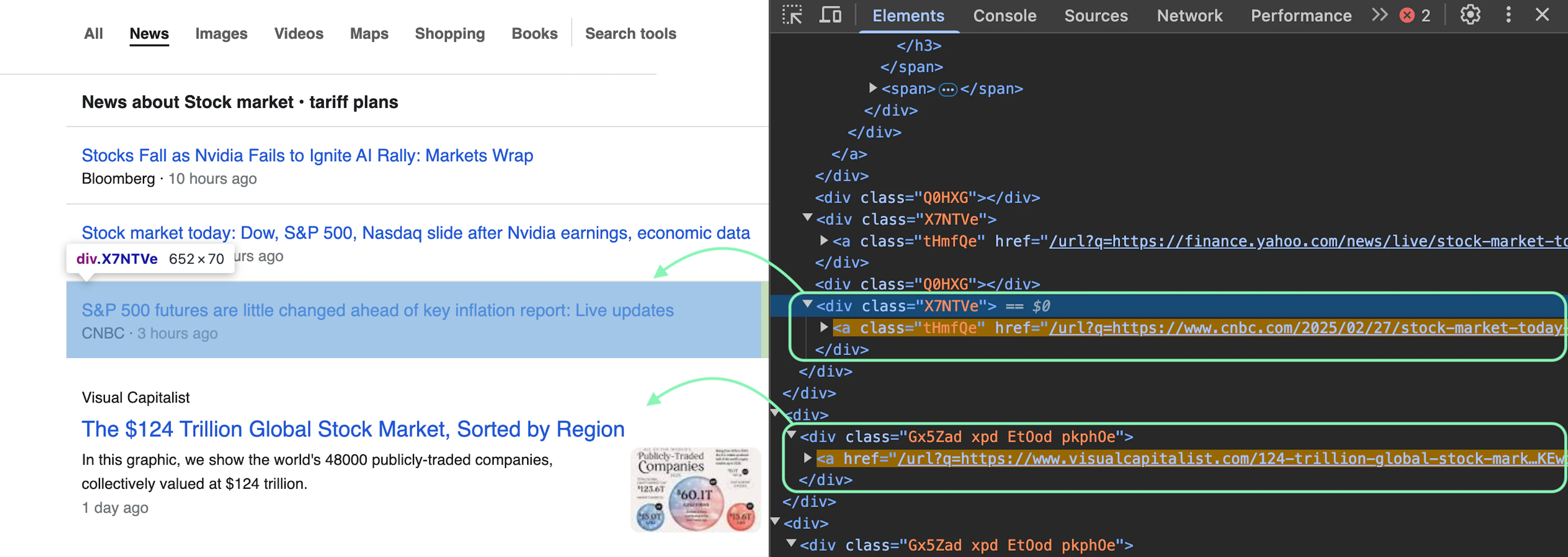 Inspecting the different article cards via Dev Tools