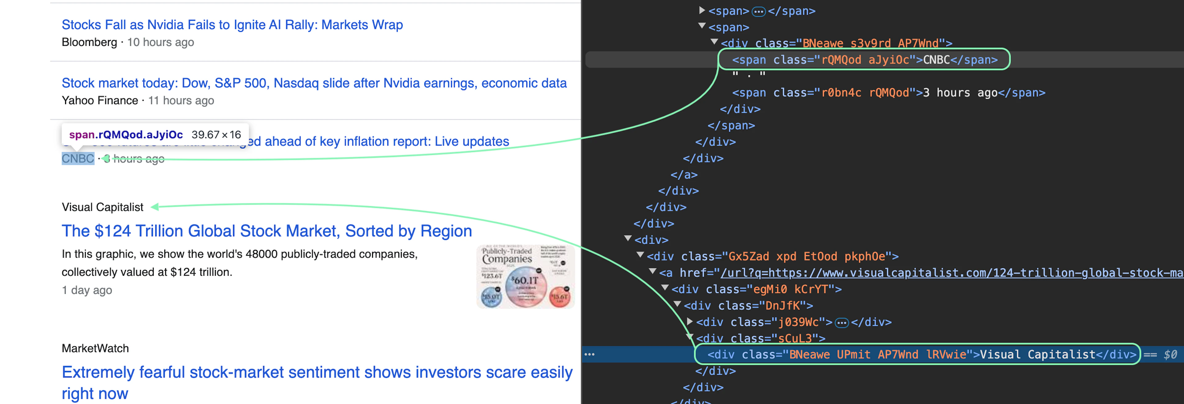 Inspecting the element that contains article source name