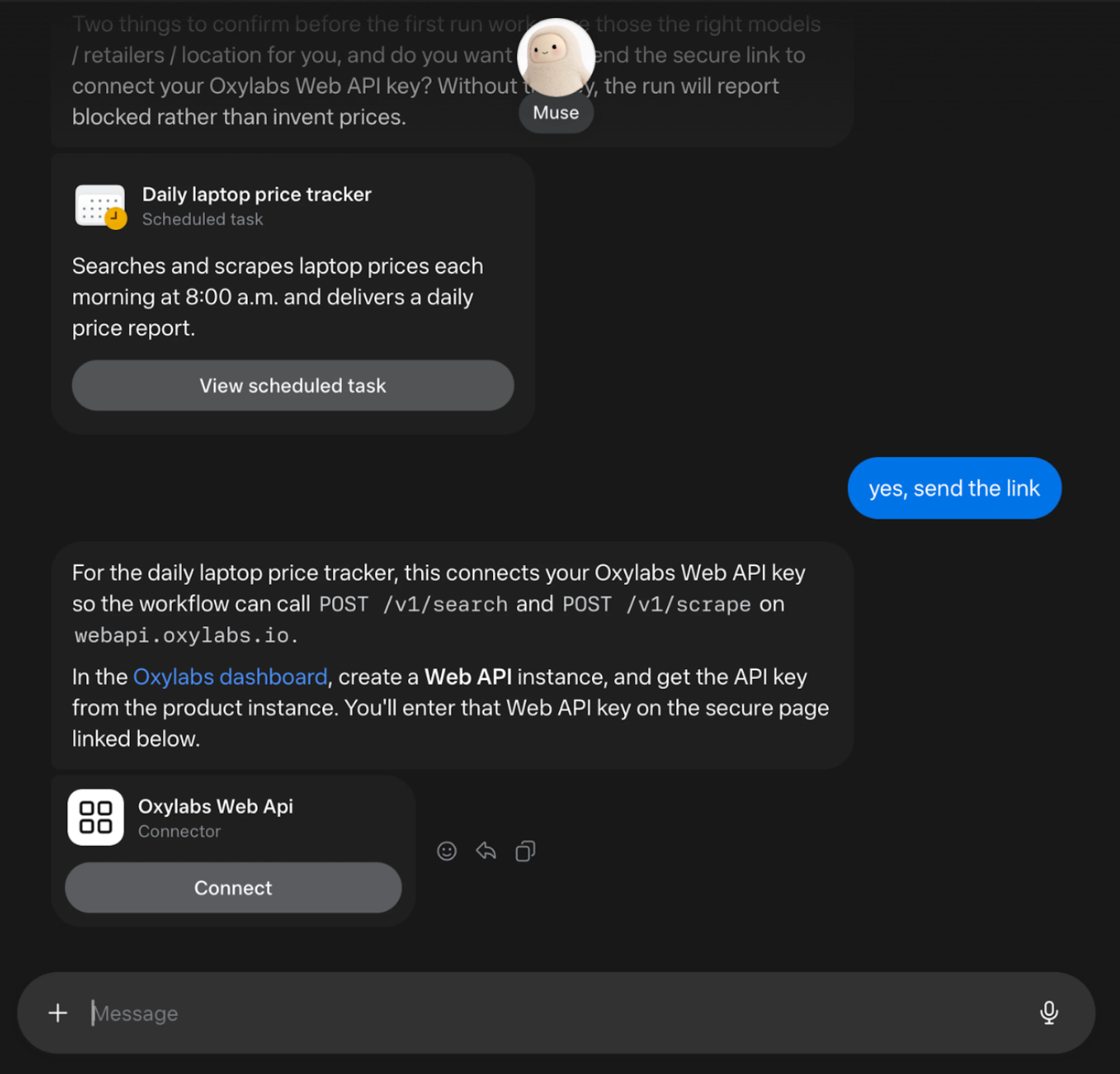 Oxylabs Web API connection with Meta Muse AI
