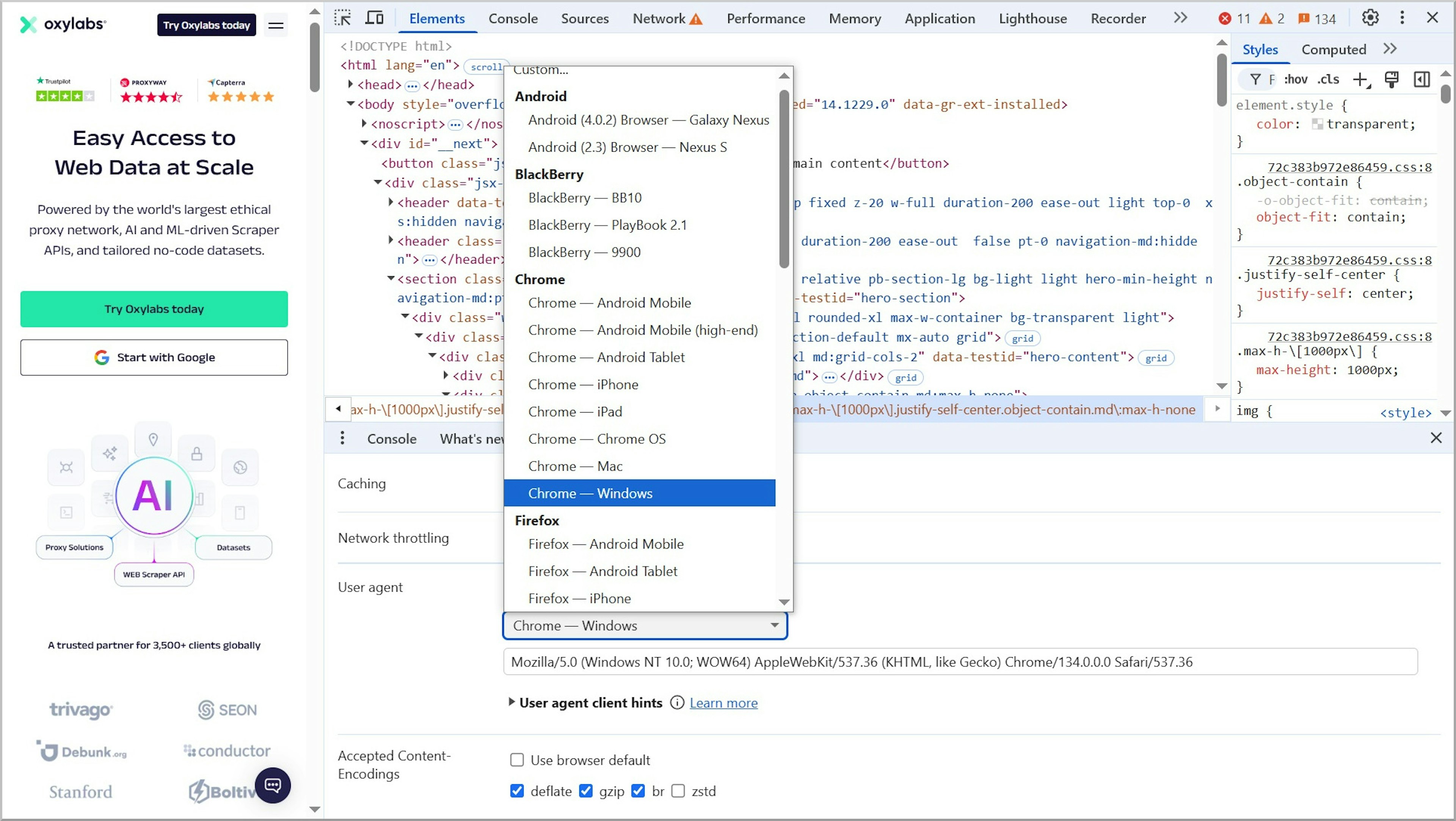 Set up a custom user agent string