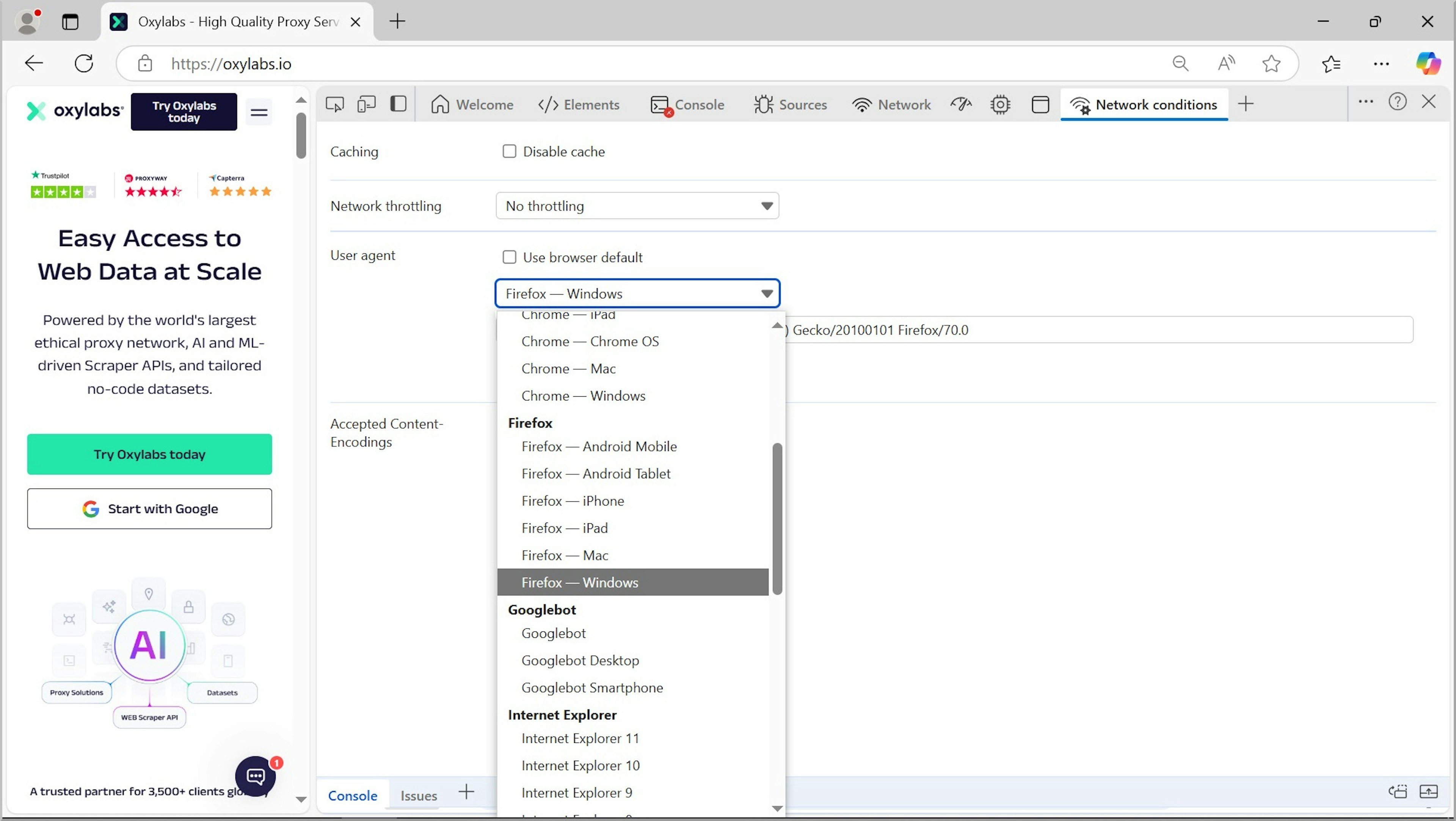 Set up a custom user agent string