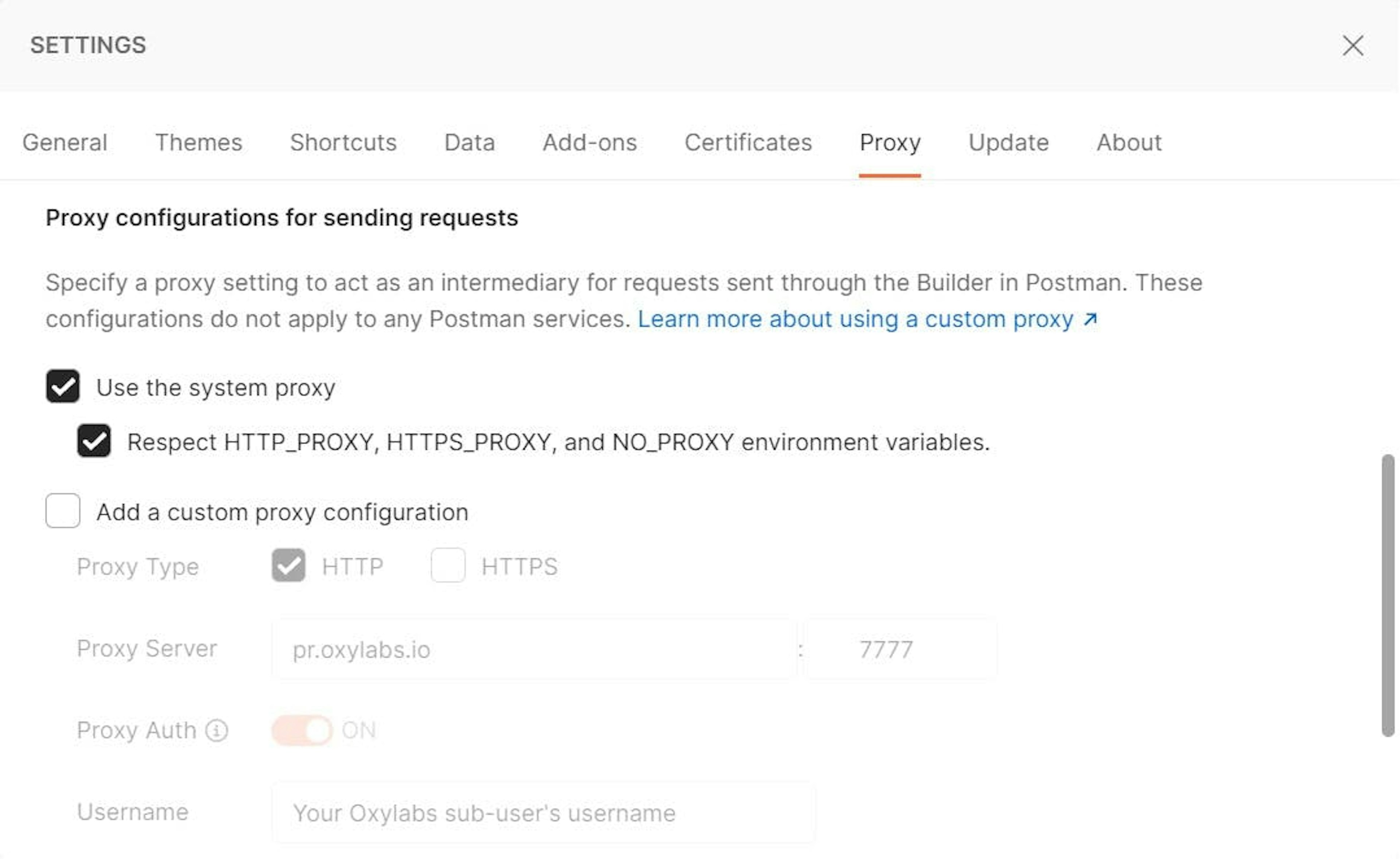 Enabling the system proxy for the Builder