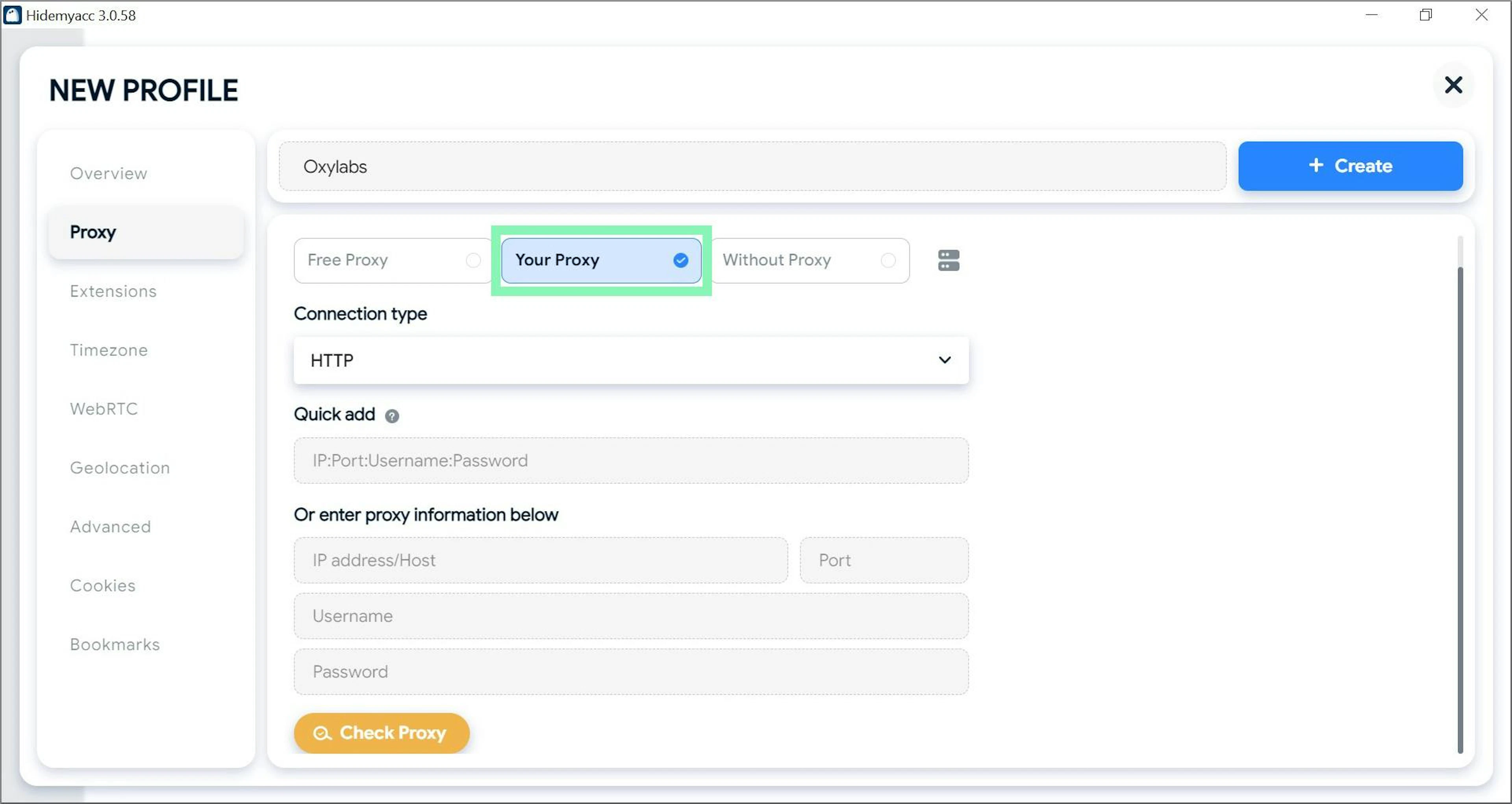 Choosing custom proxy settings