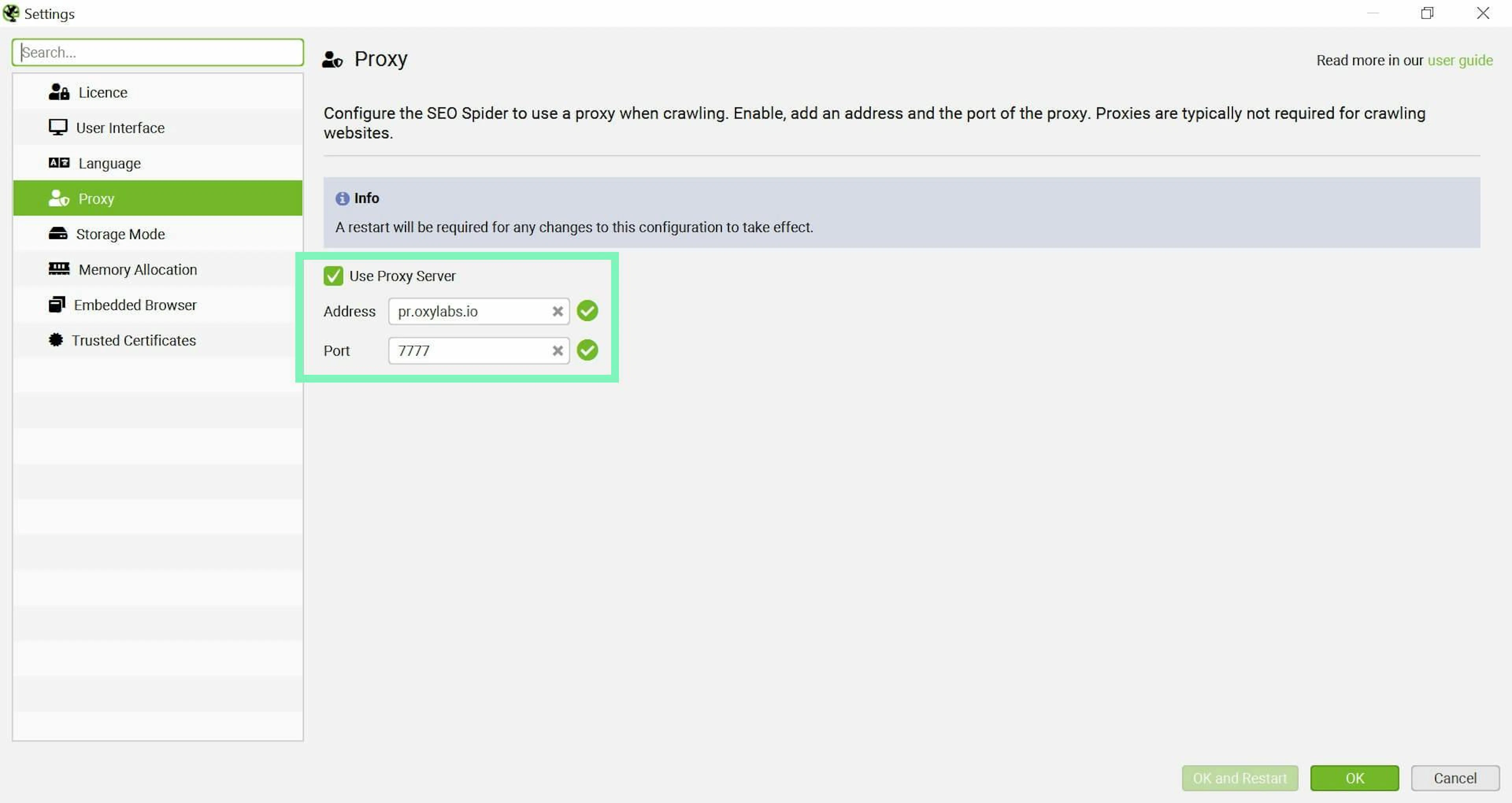 Screaming Frog proxy setup