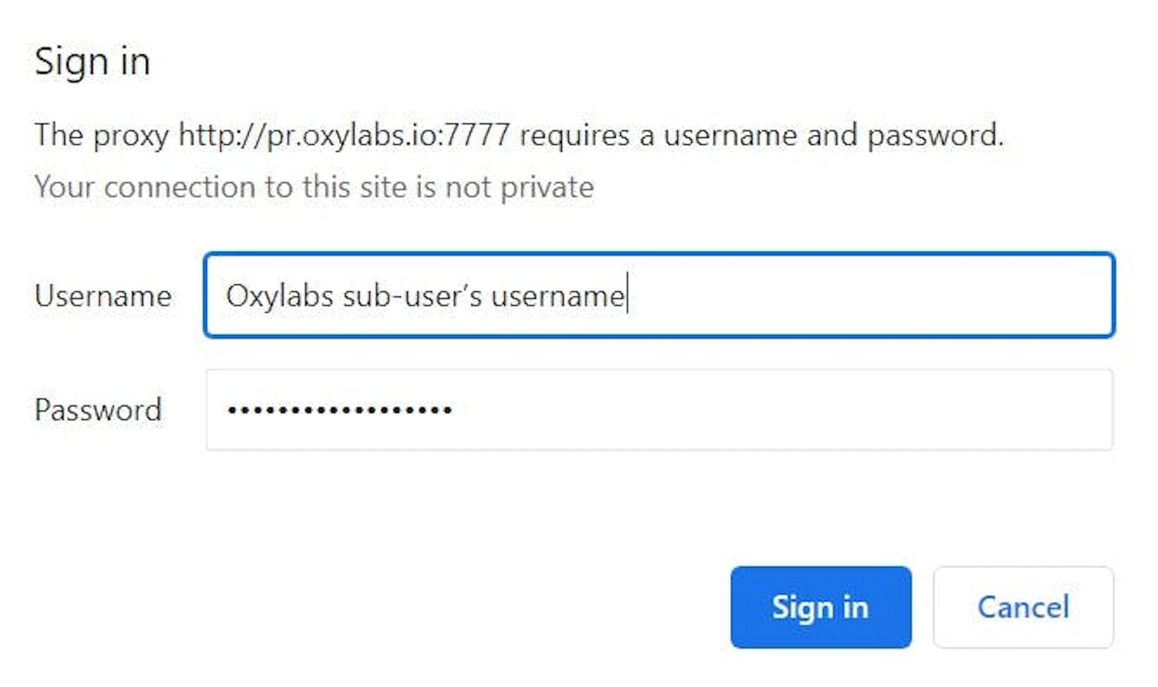 Entering Oxylabs sub-user’s credentials
