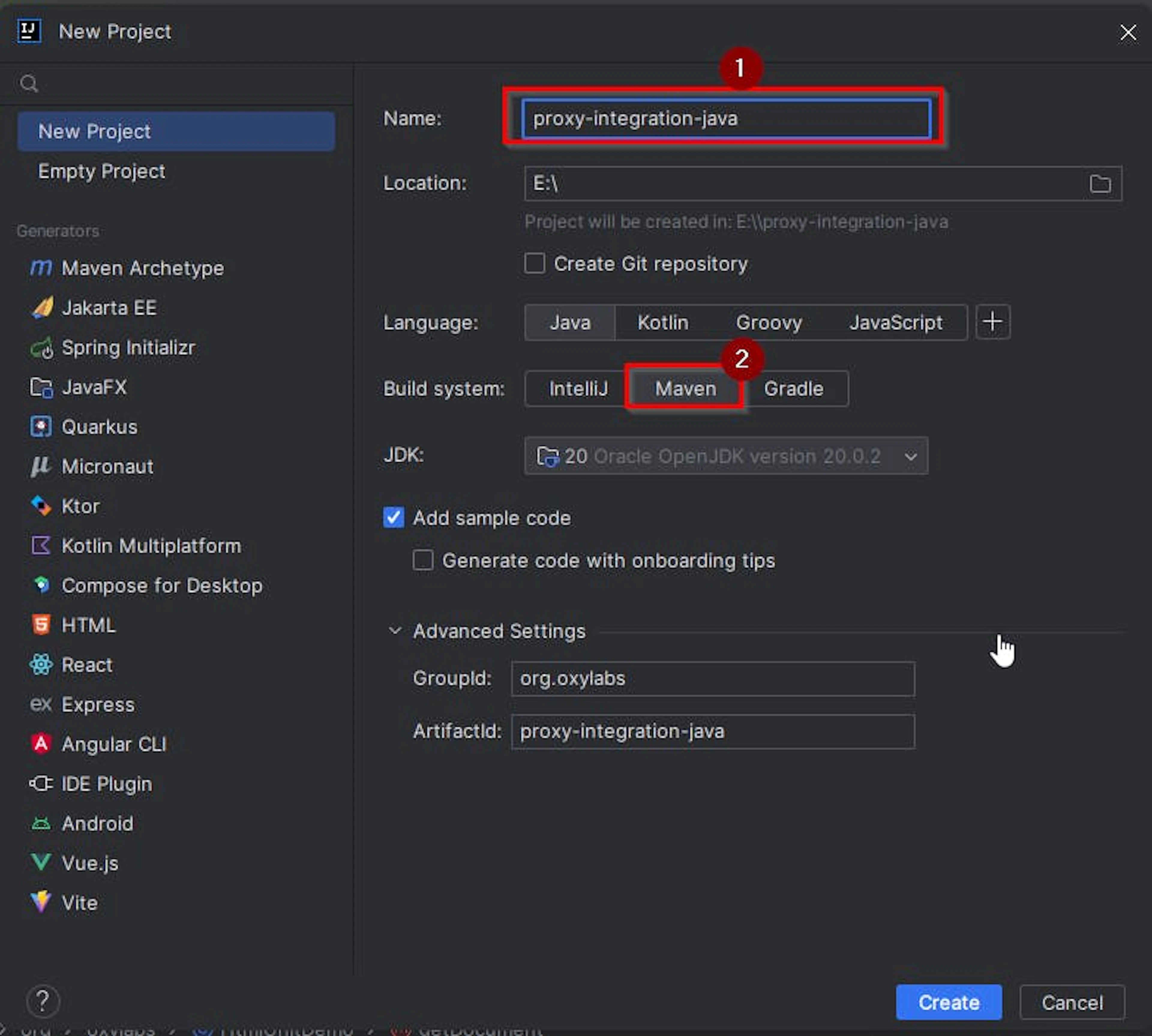 Creating a project in the IDE