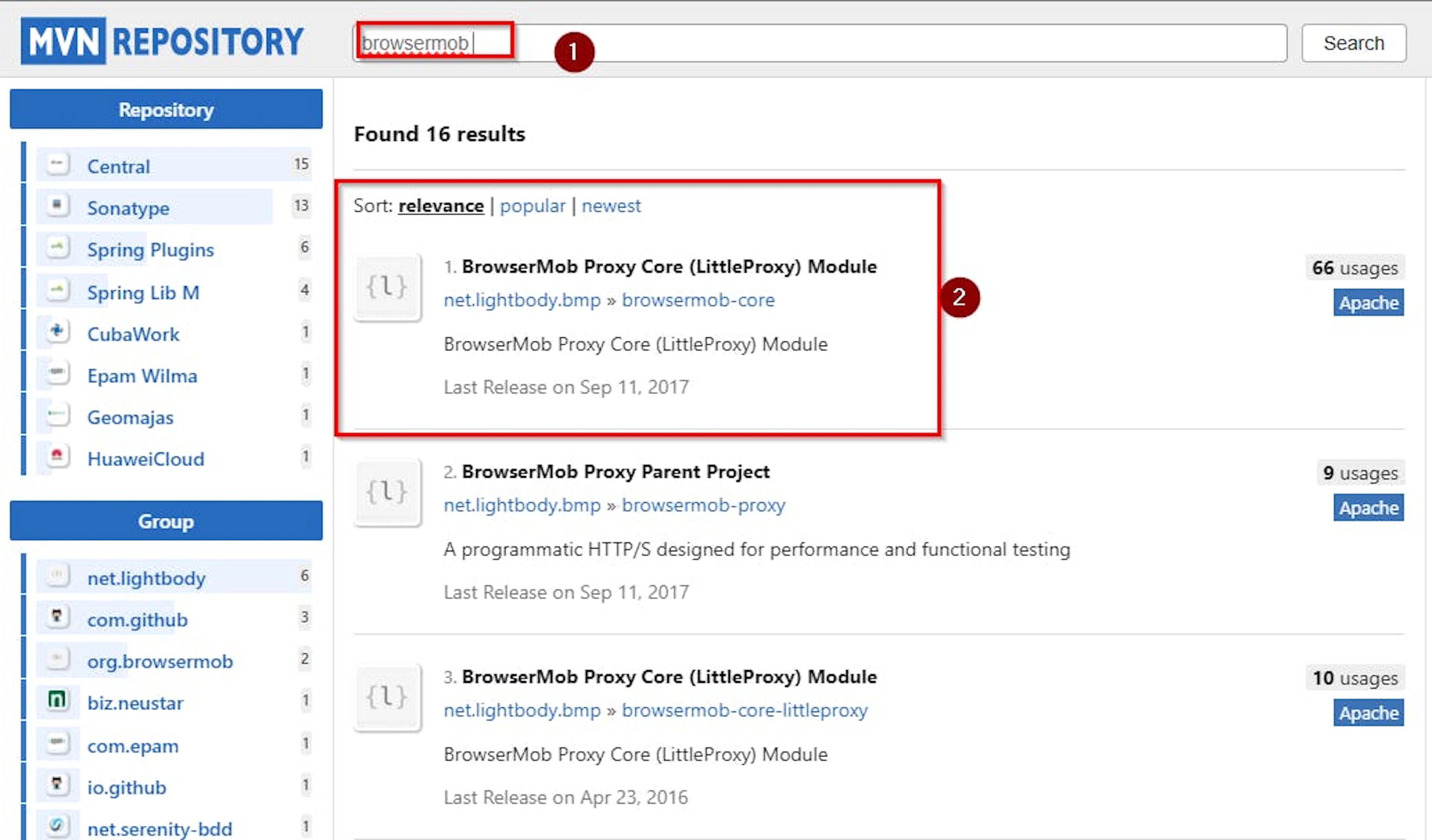 Searching for Maven repositories on mvnrepository.com