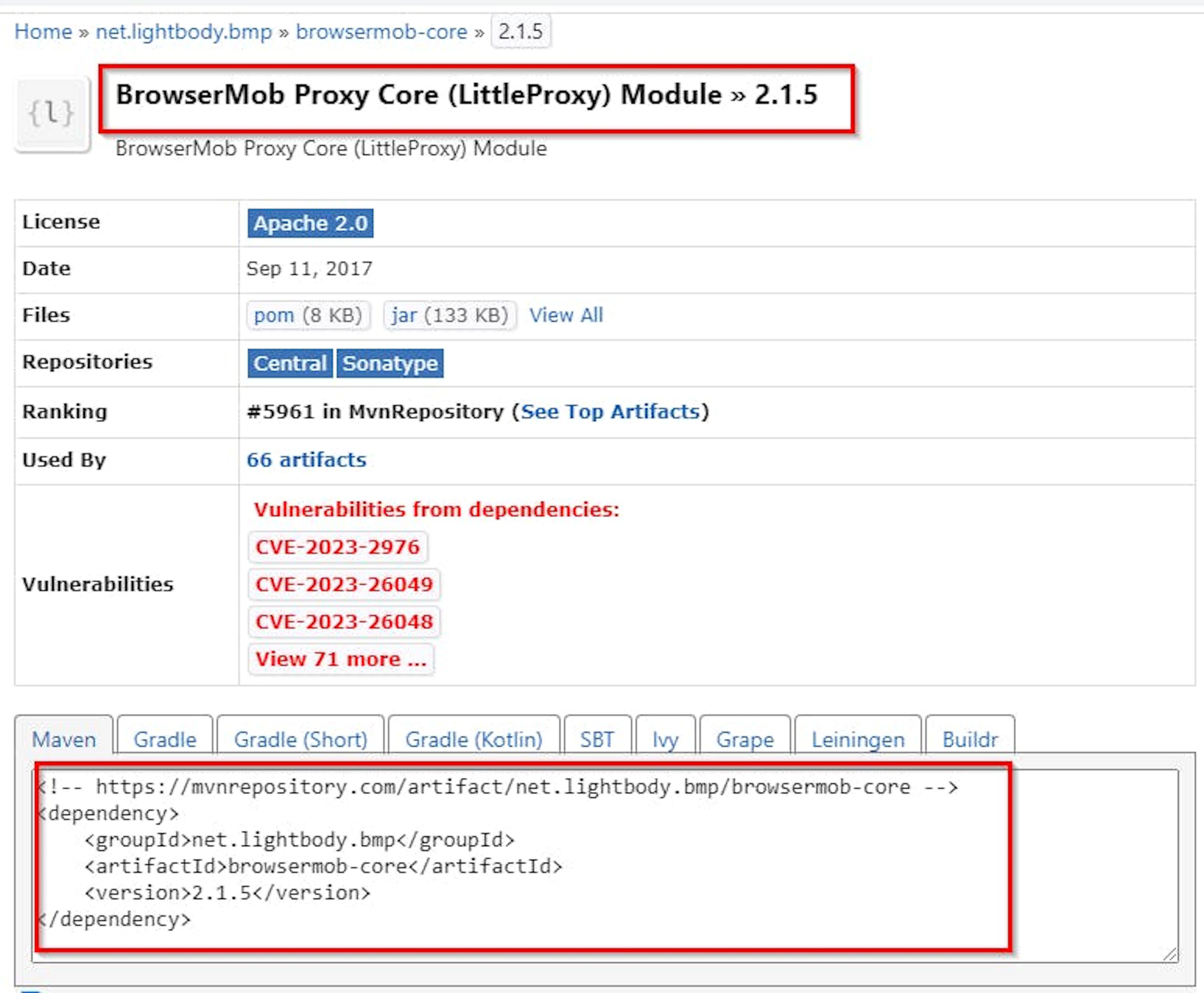 Getting the BrowserMob Proxy dependency on mvnrepository.com