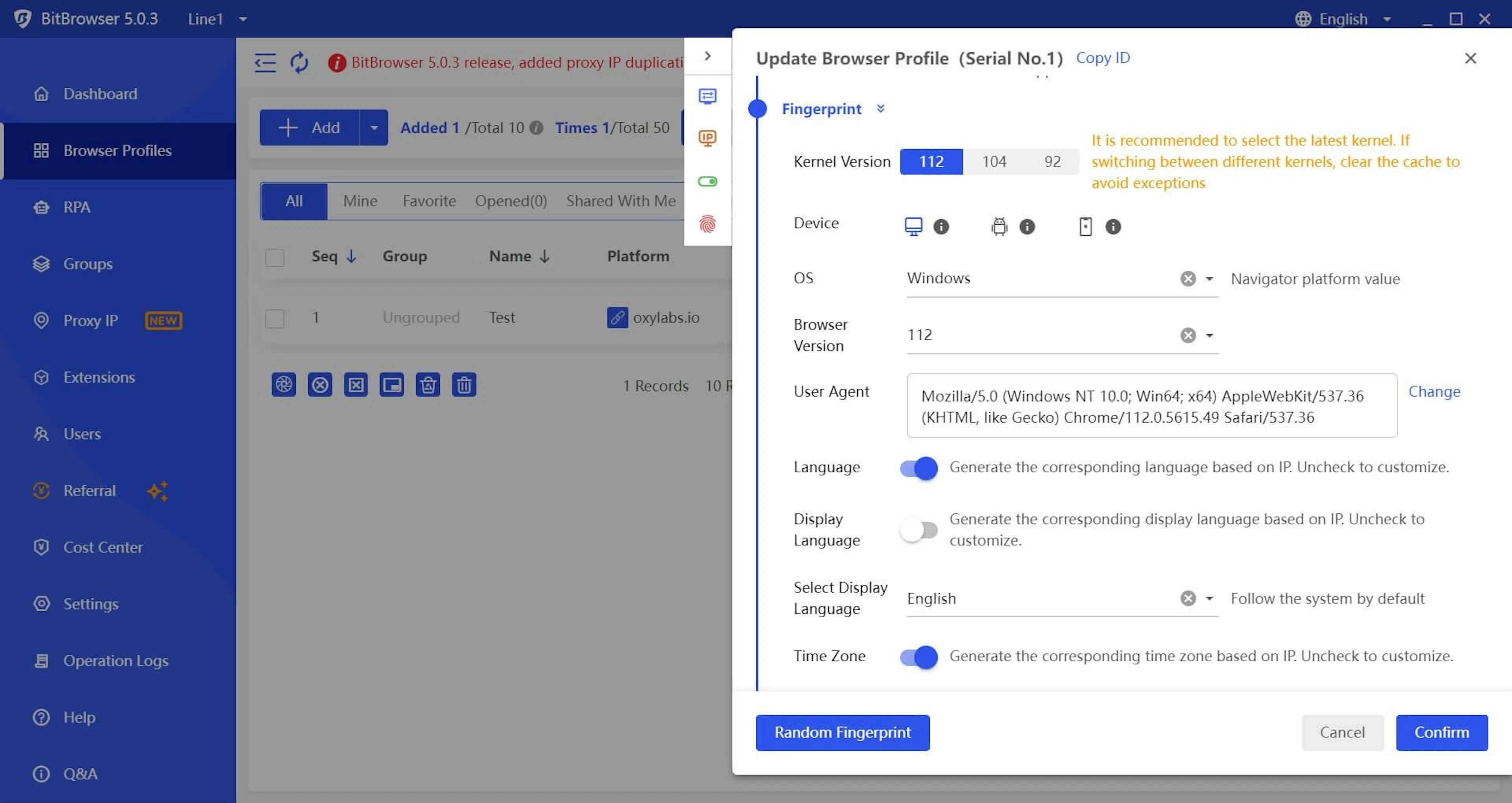 Extensive browser profile options