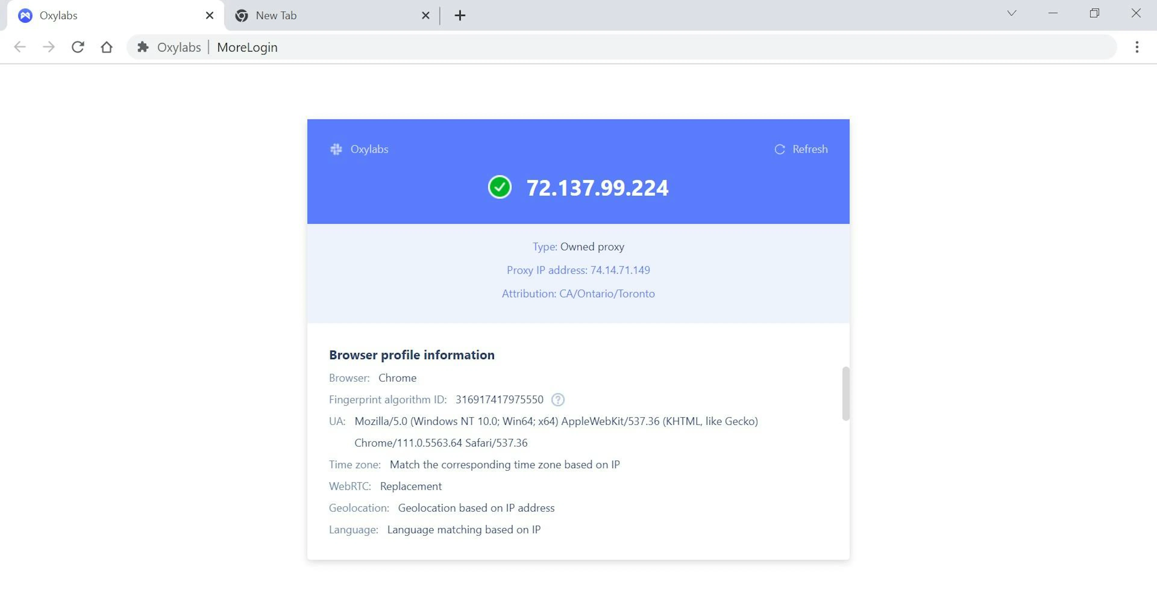 A browser instance with a custom fingerprint