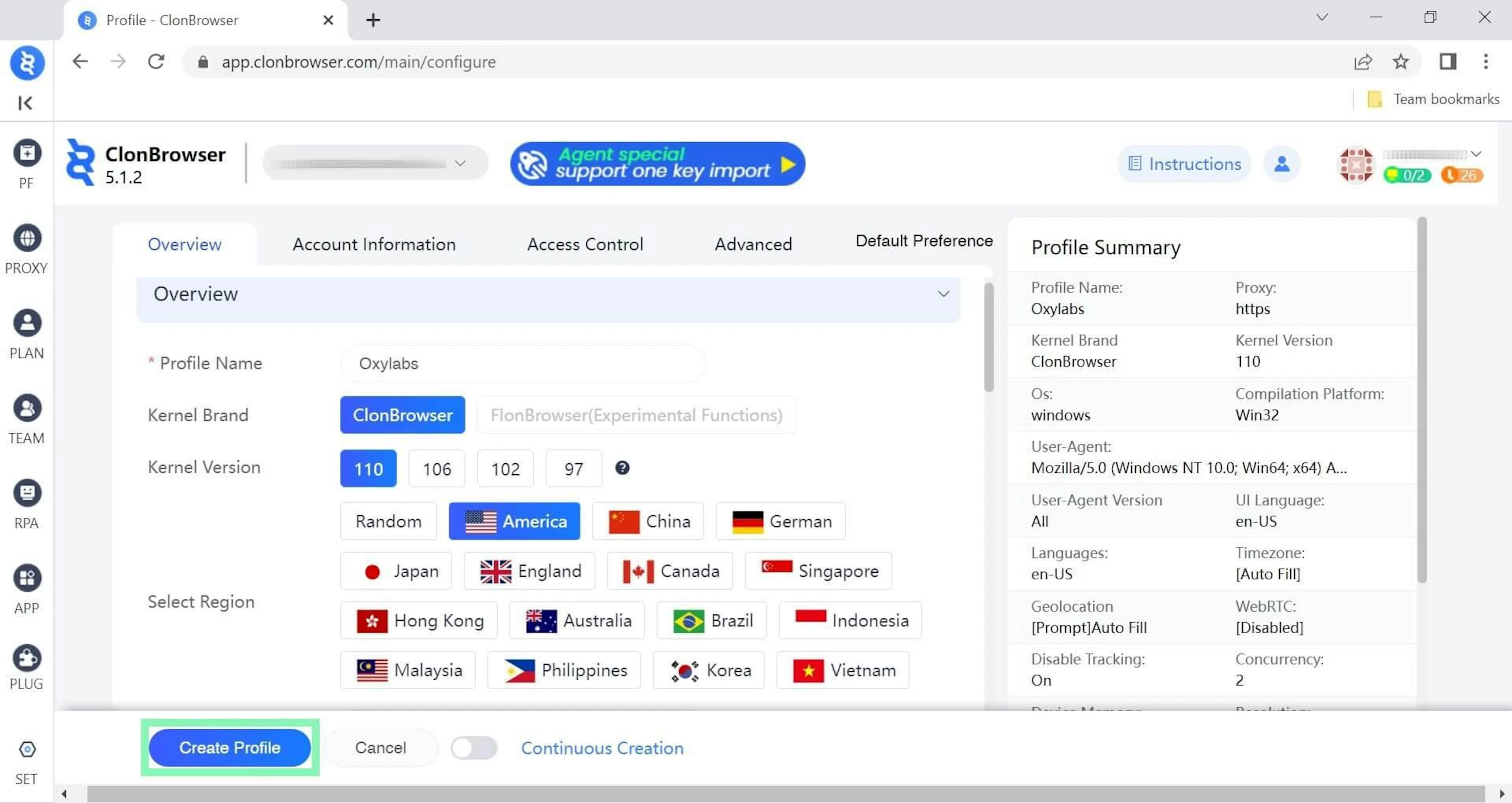Finalizing a new browser profile