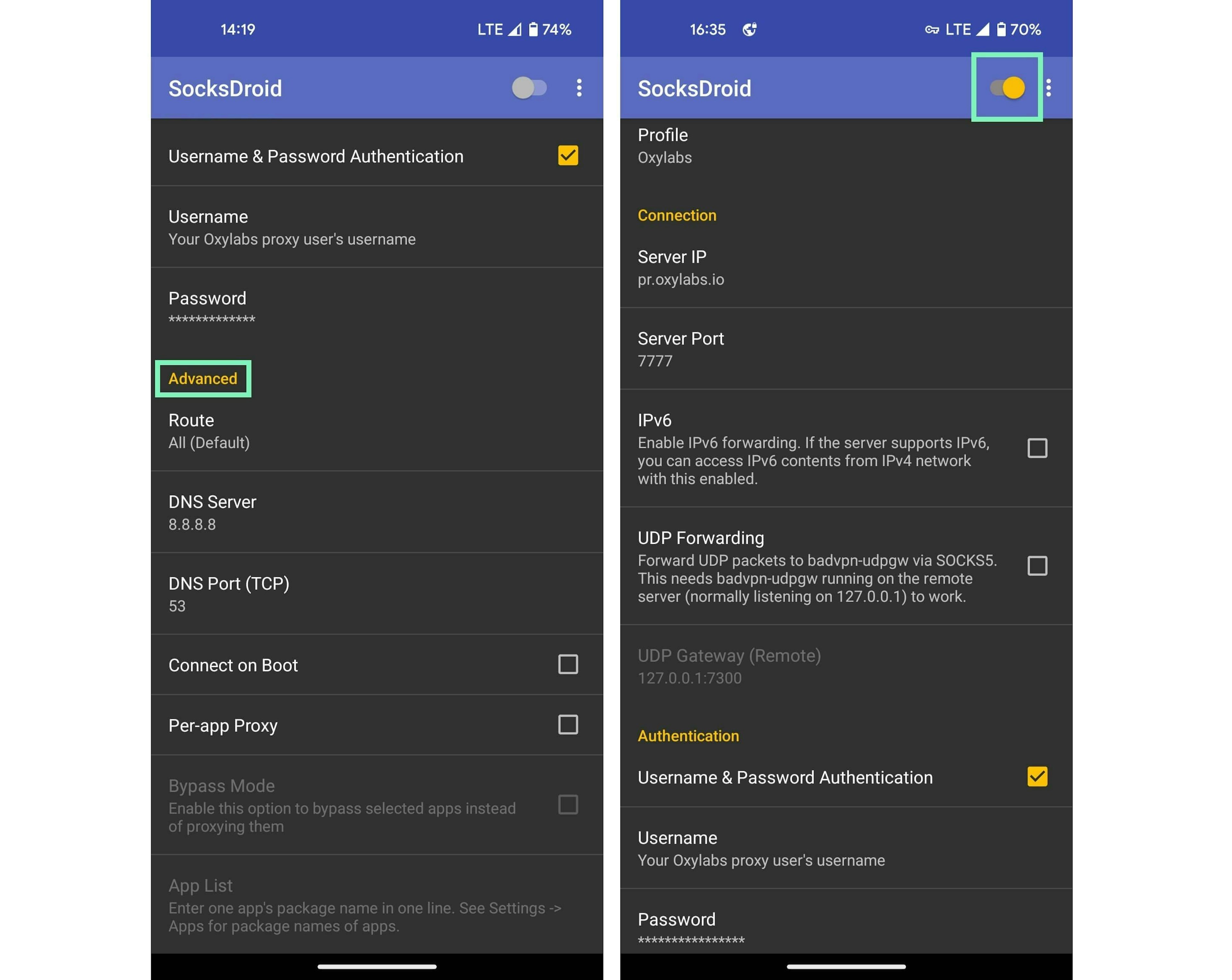 Checking advanced settings and enabling proxies