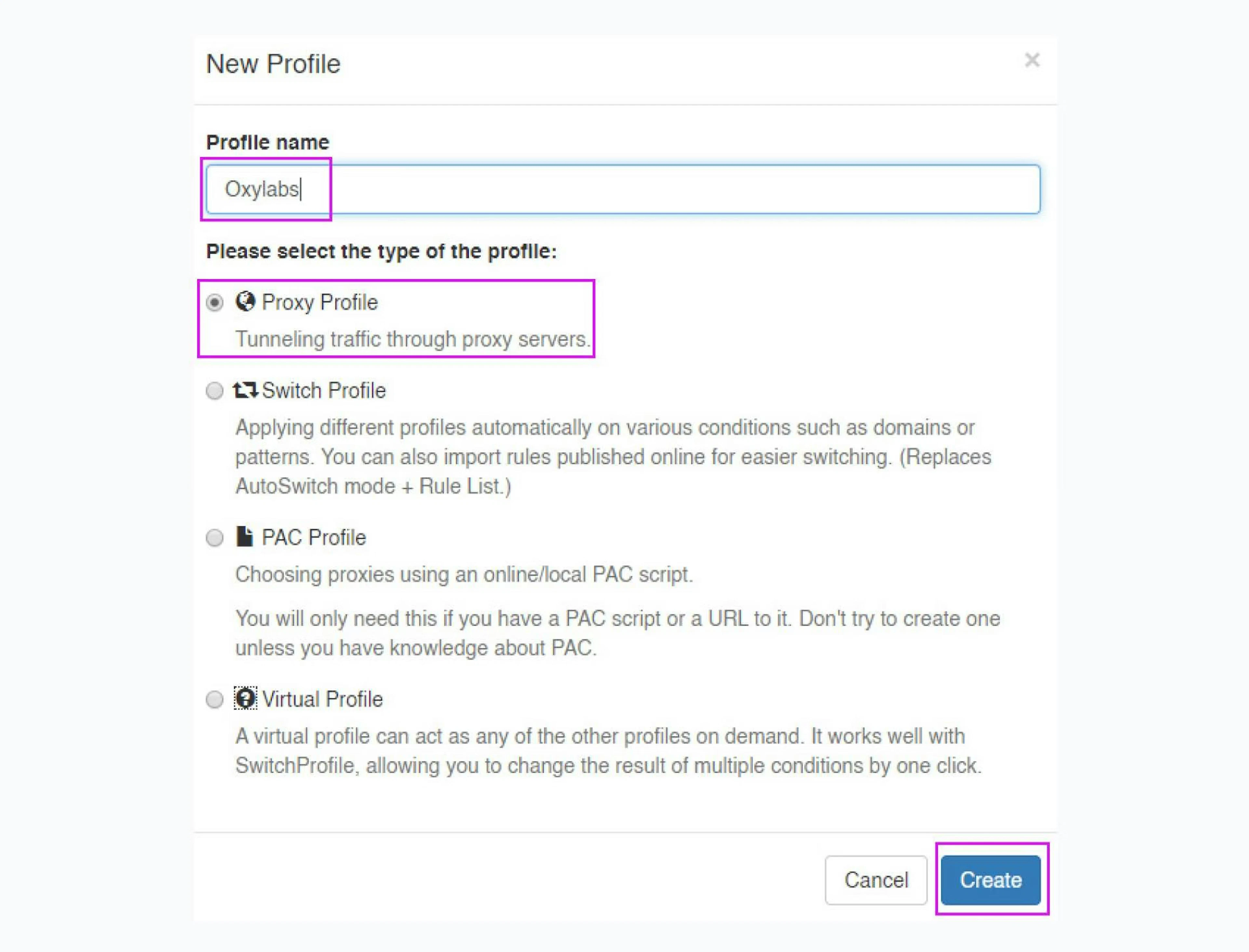 Creating a proxy profile