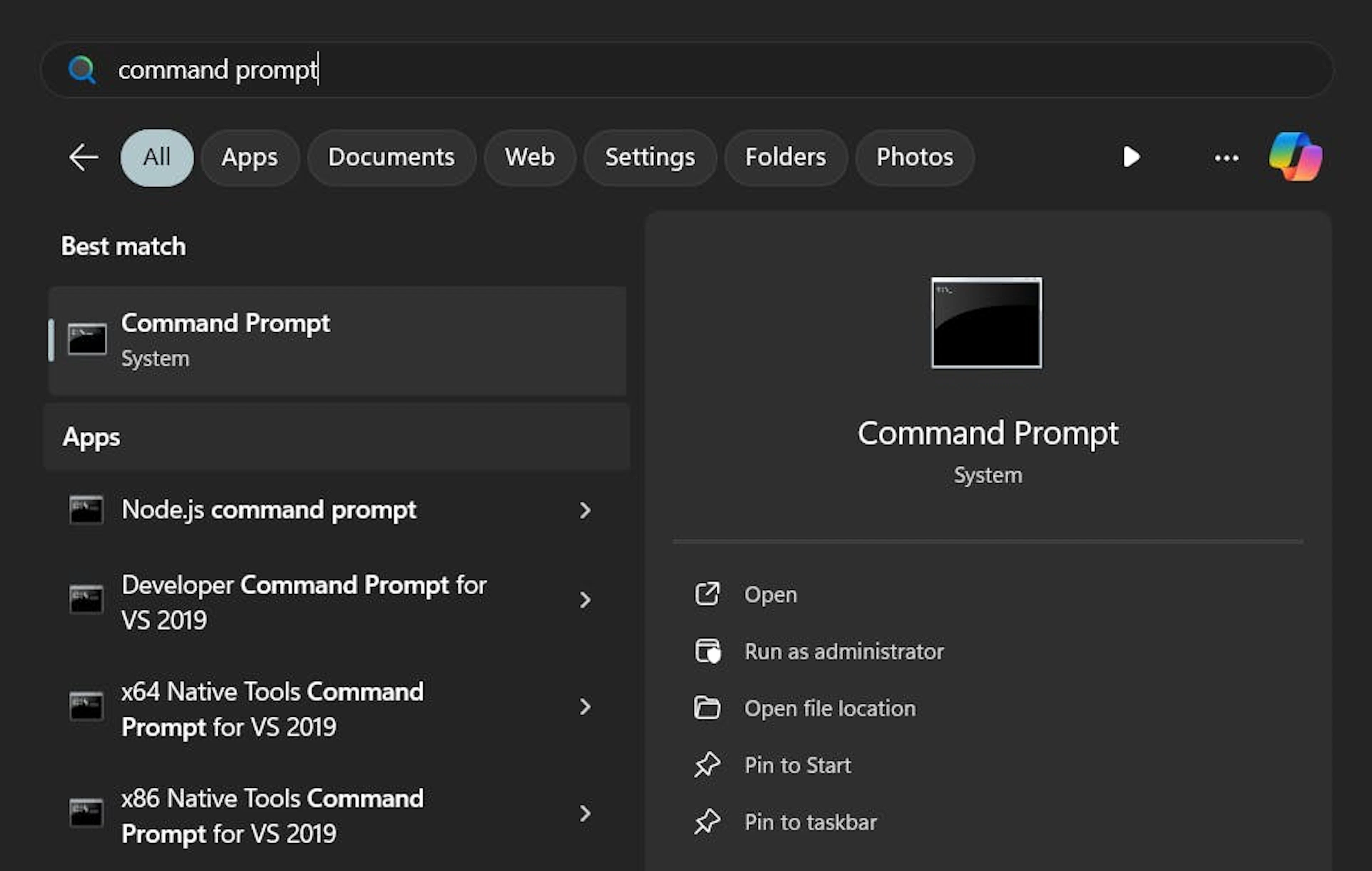 Using Windows Search to find the terminal